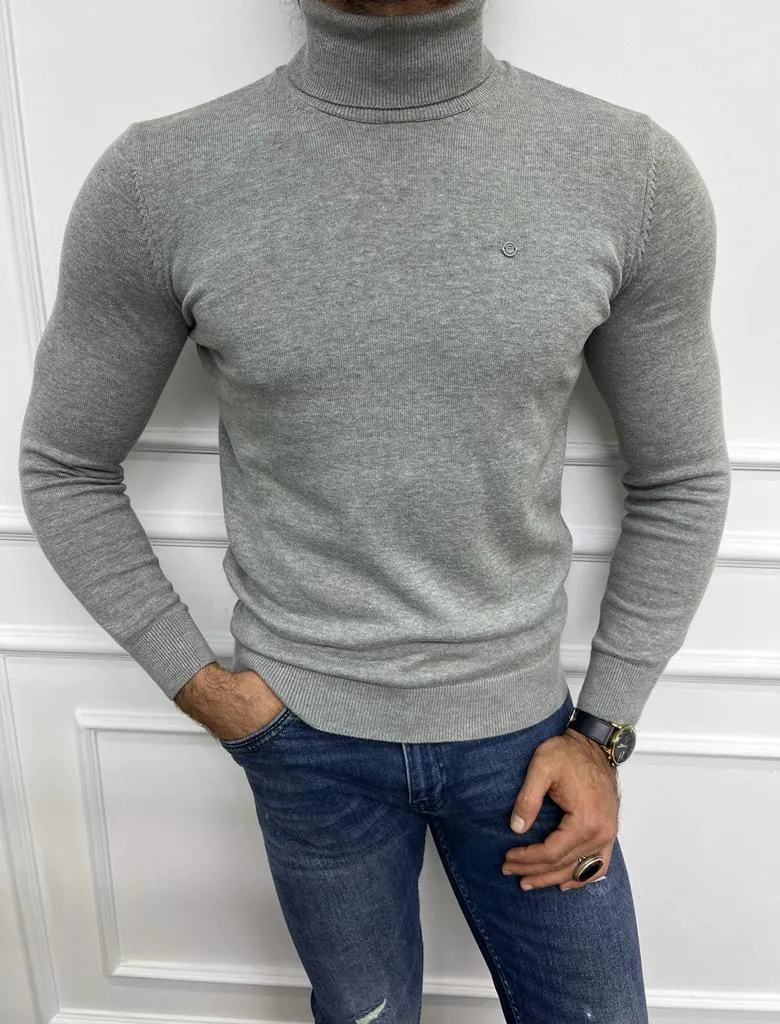 Gray Slim Fit Turtleneck Sweater for Men | GentWith.com