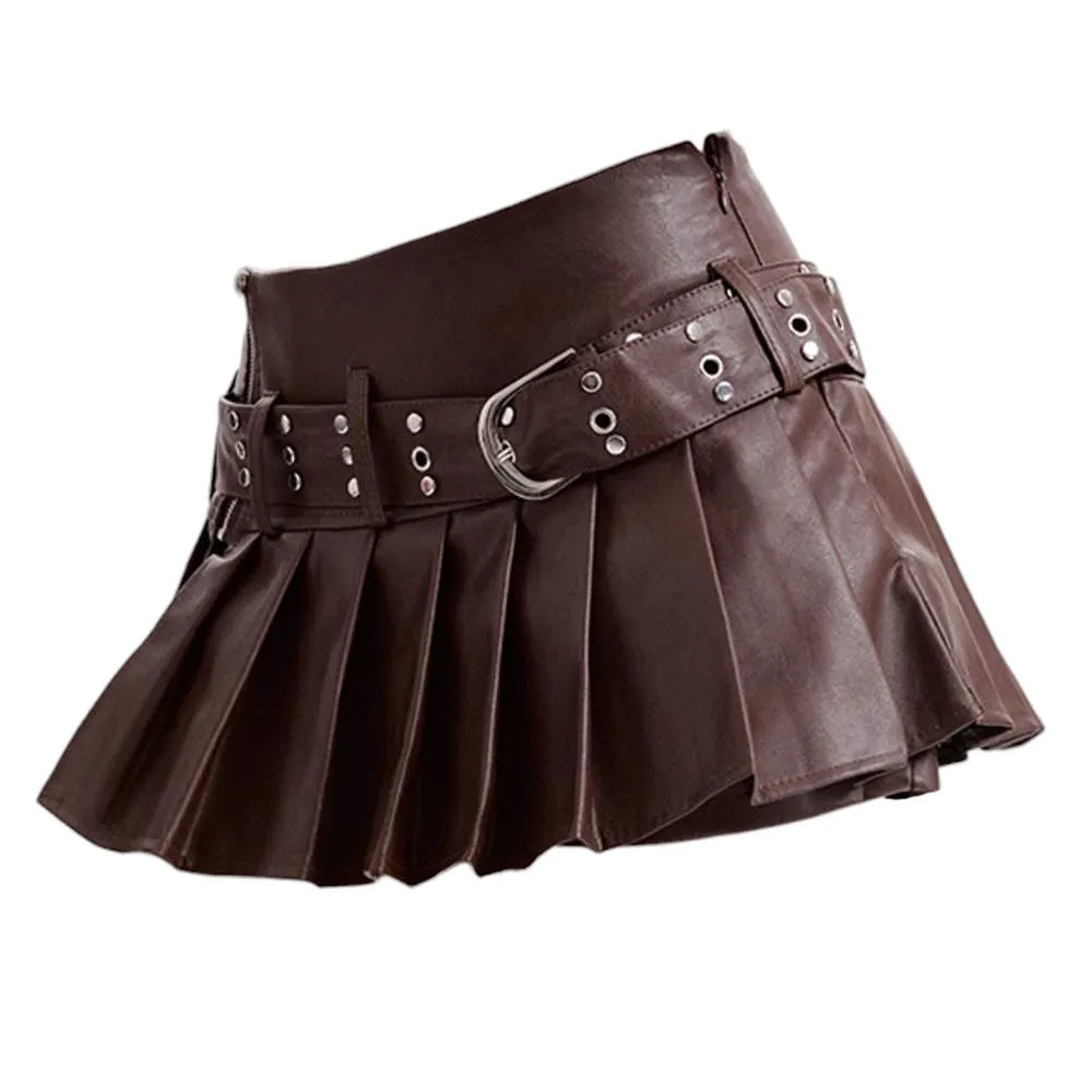 Grunge Sleaze Pleated Leather Skirt in Brown