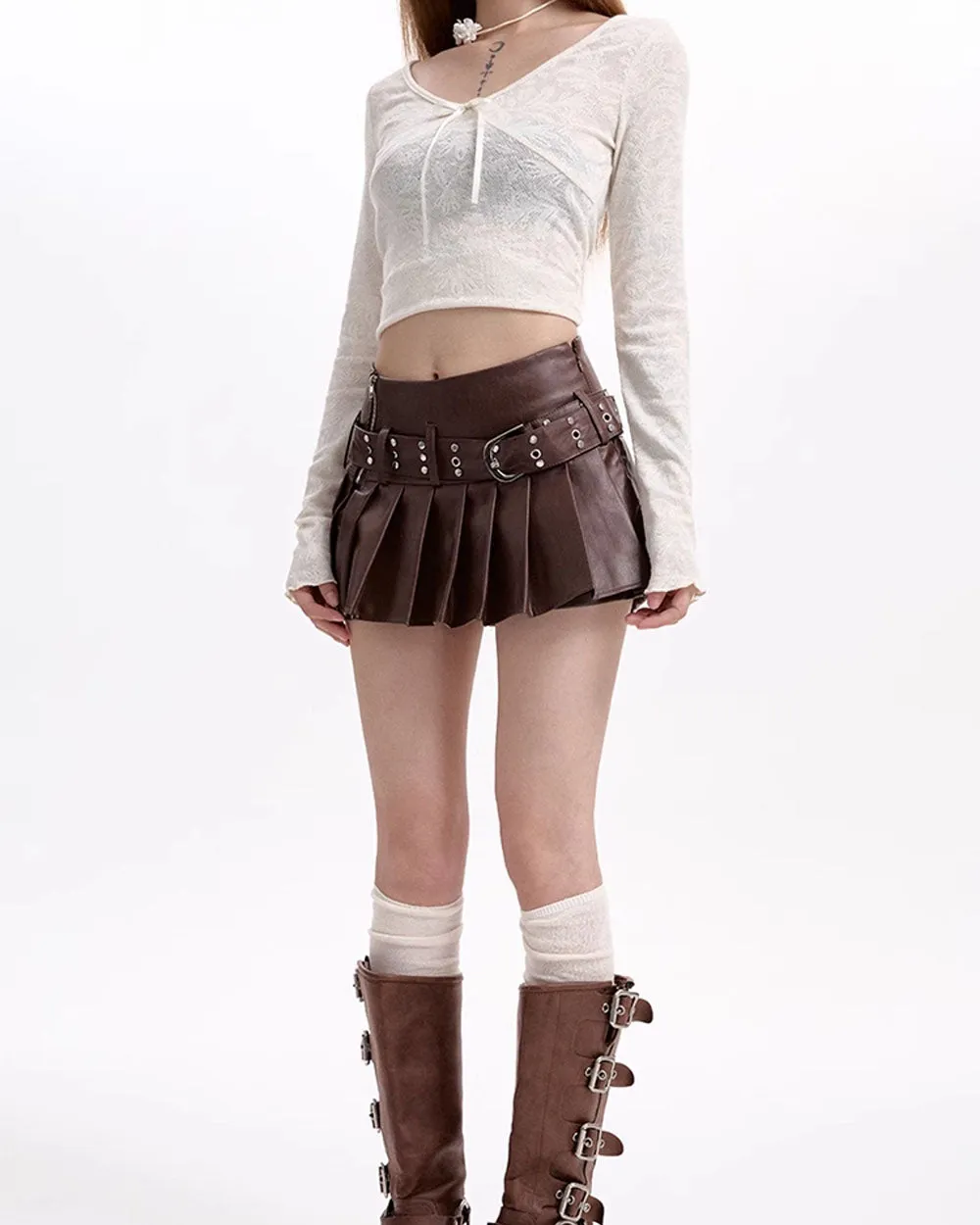 Grunge Sleaze Pleated Leather Skirt in Brown