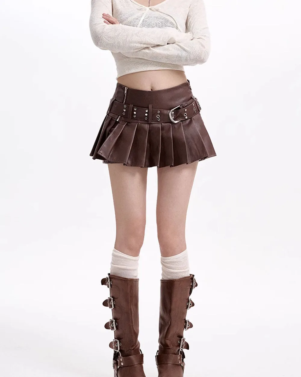 Grunge Sleaze Pleated Leather Skirt in Brown