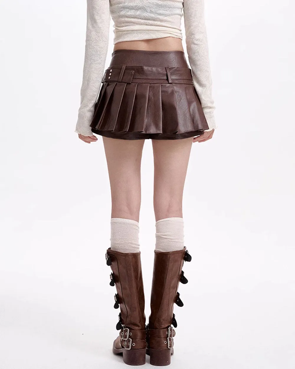 Grunge Sleaze Pleated Leather Skirt in Brown