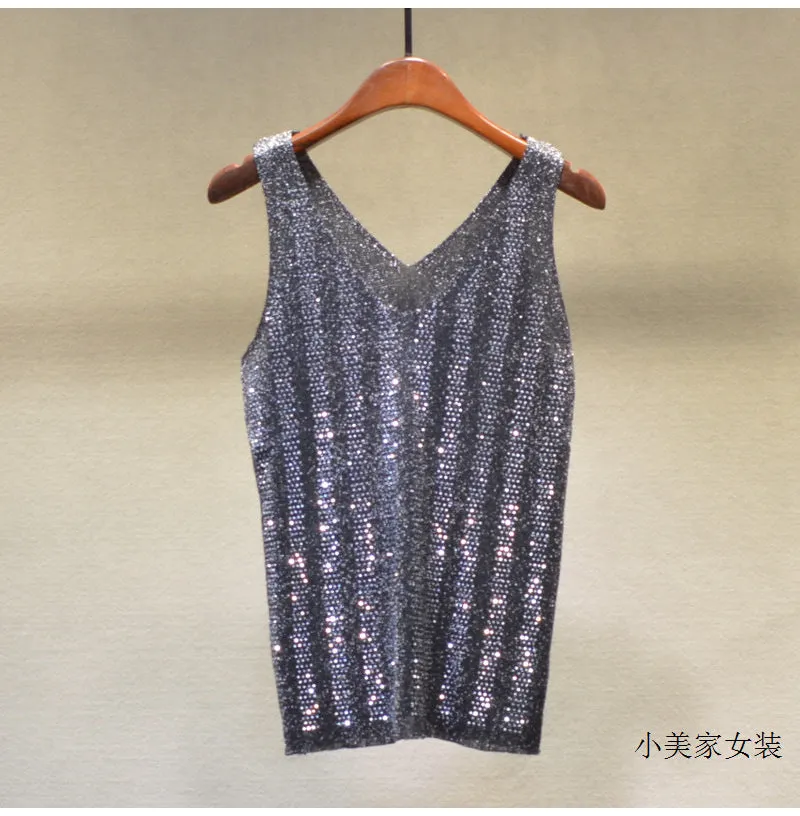 Ice Silk Silver String V-neck Knitted Vest