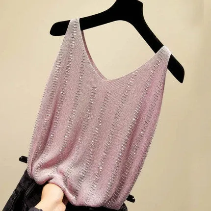 Ice Silk Silver String V-neck Knitted Vest