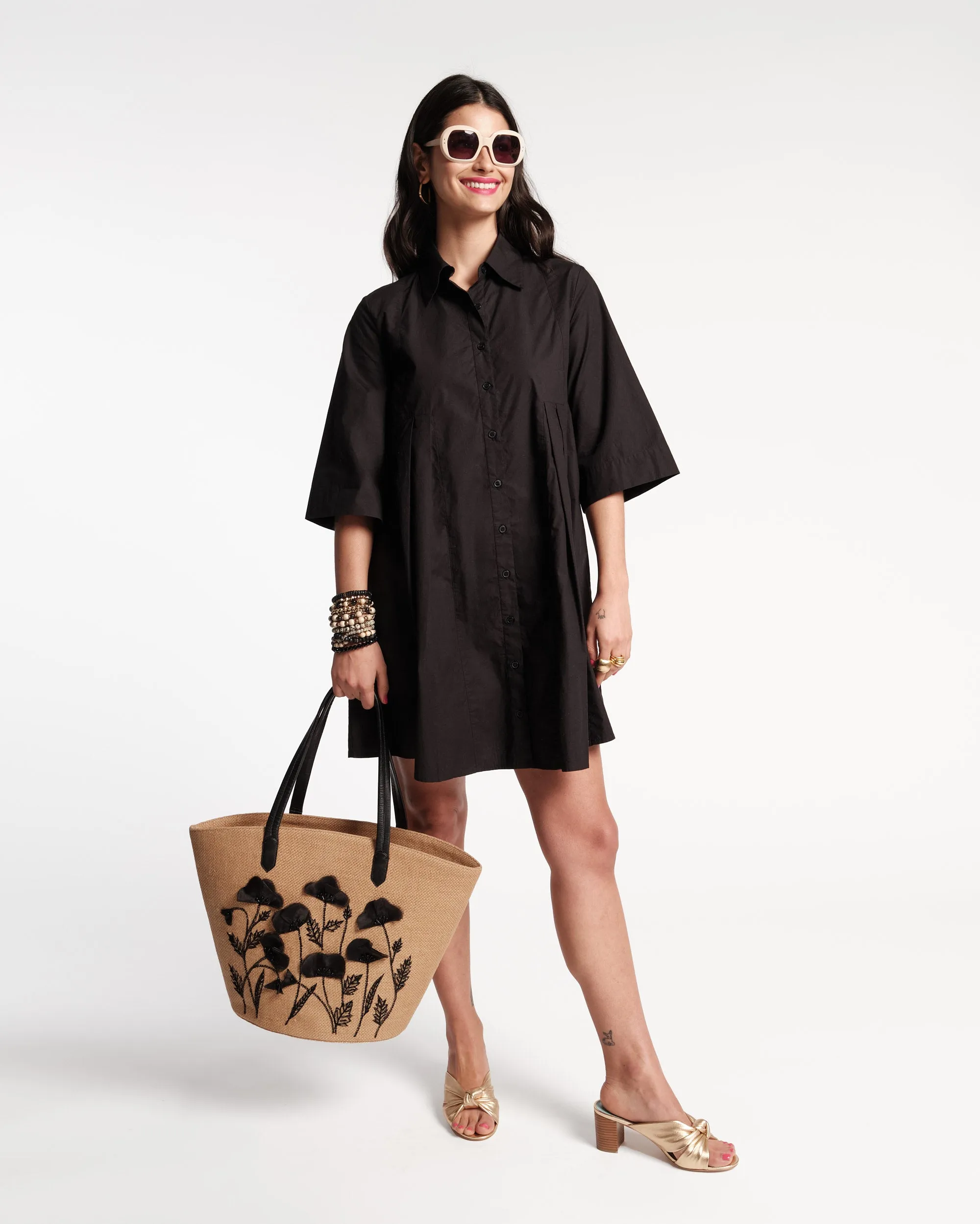 Isla Pleated Mini Shirtdress Cotton Poplin Black