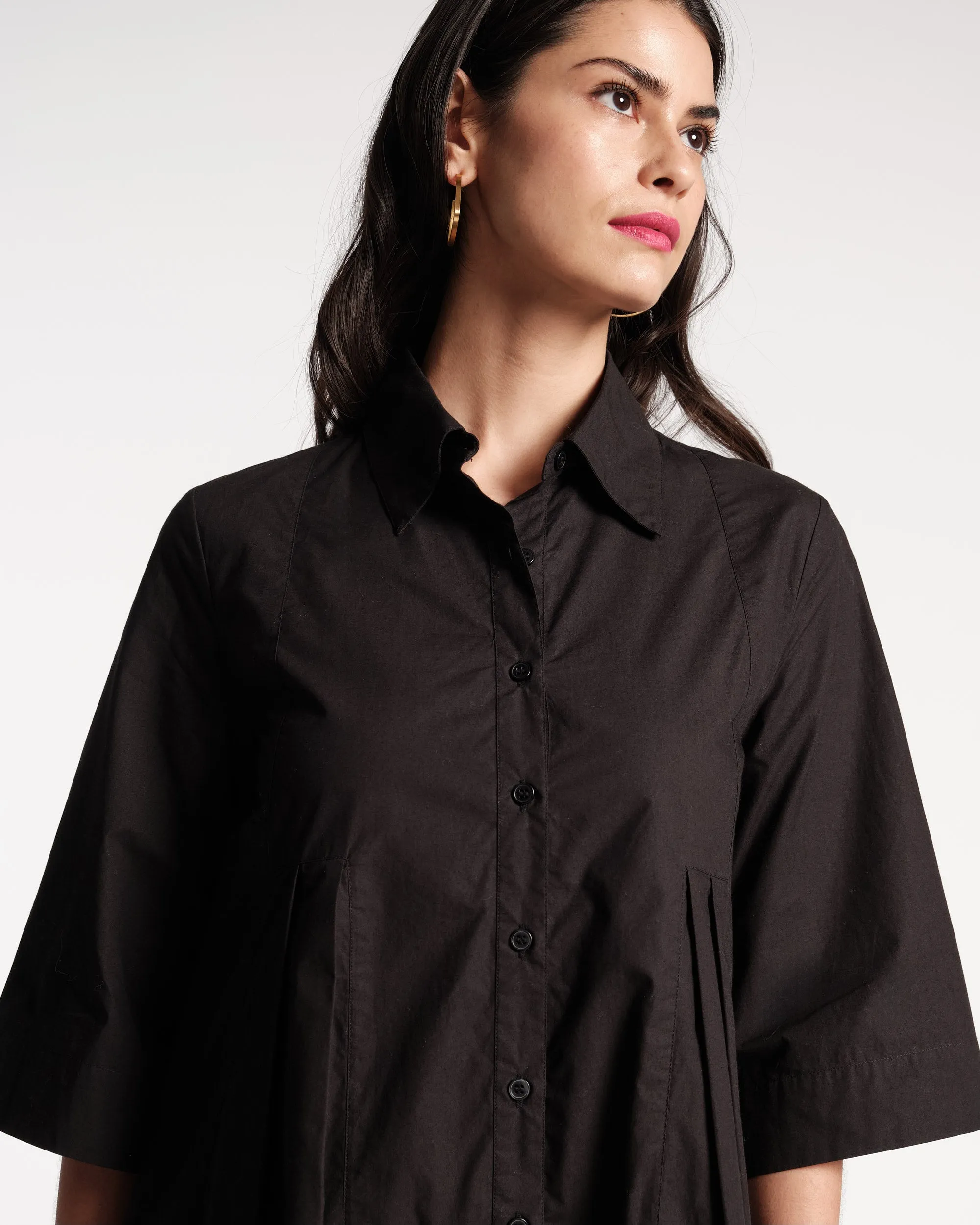 Isla Pleated Mini Shirtdress Cotton Poplin Black