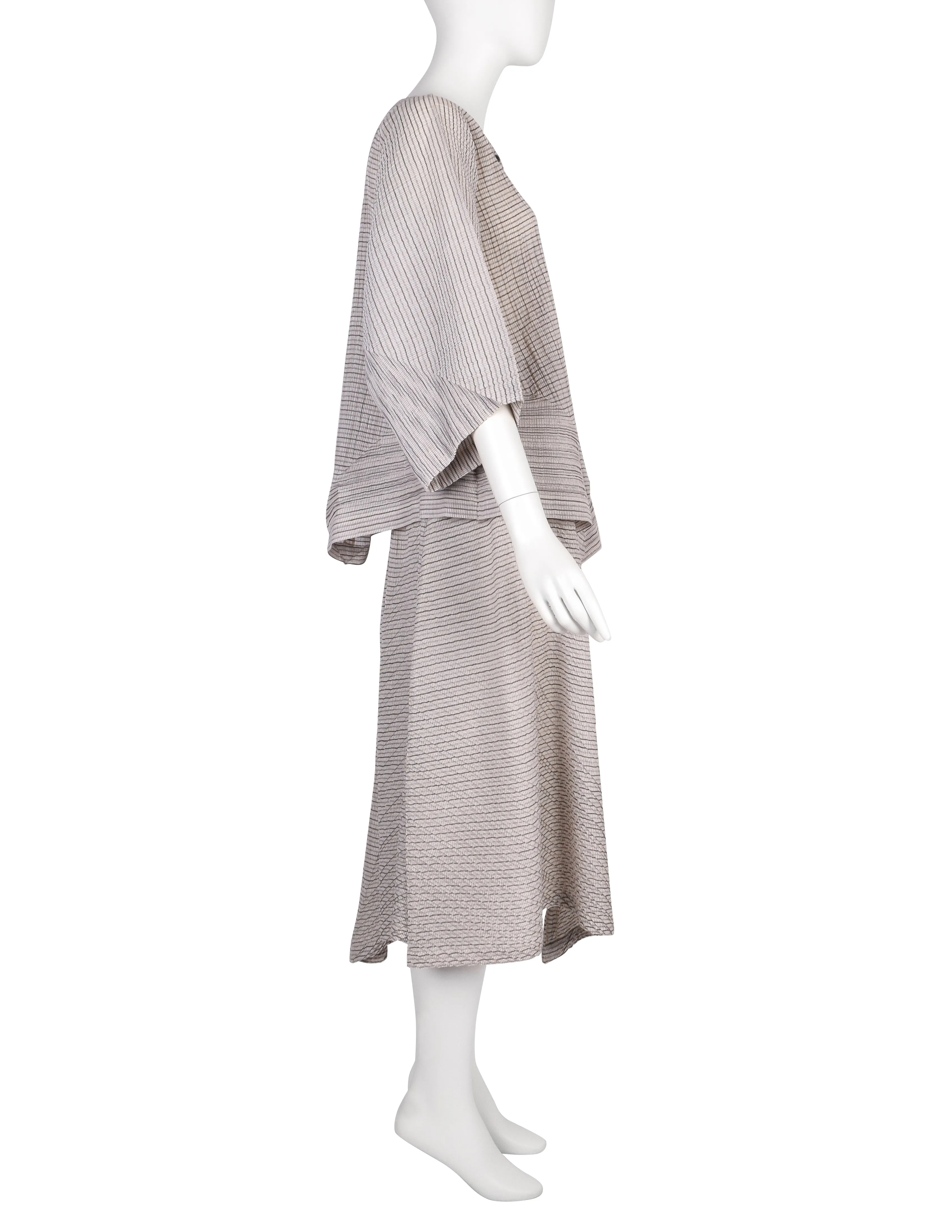 Issey Miyake Vintage SS 1988 Grey & Beige Striped Pleated Top and Skirt Ensemble Set