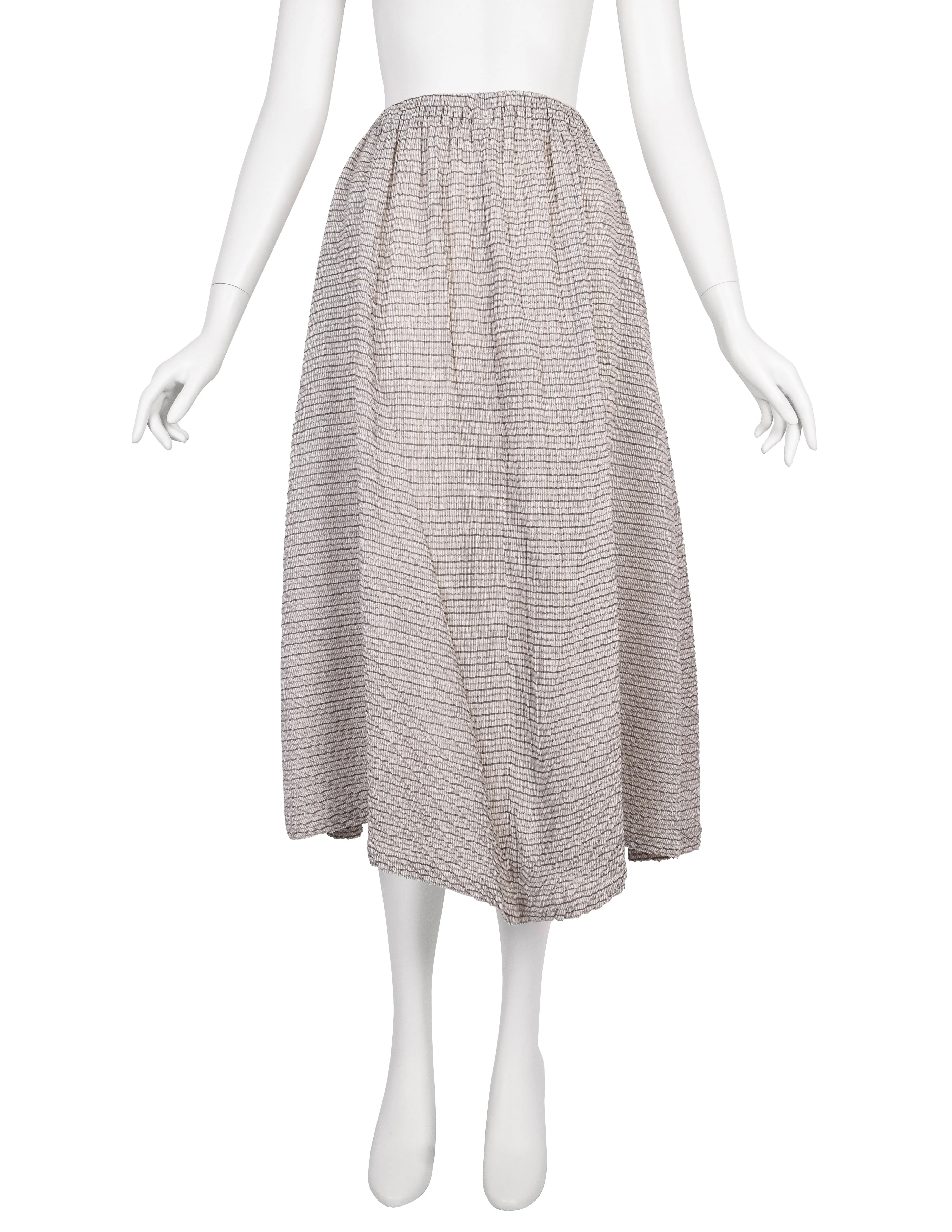 Issey Miyake Vintage SS 1988 Grey & Beige Striped Pleated Top and Skirt Ensemble Set