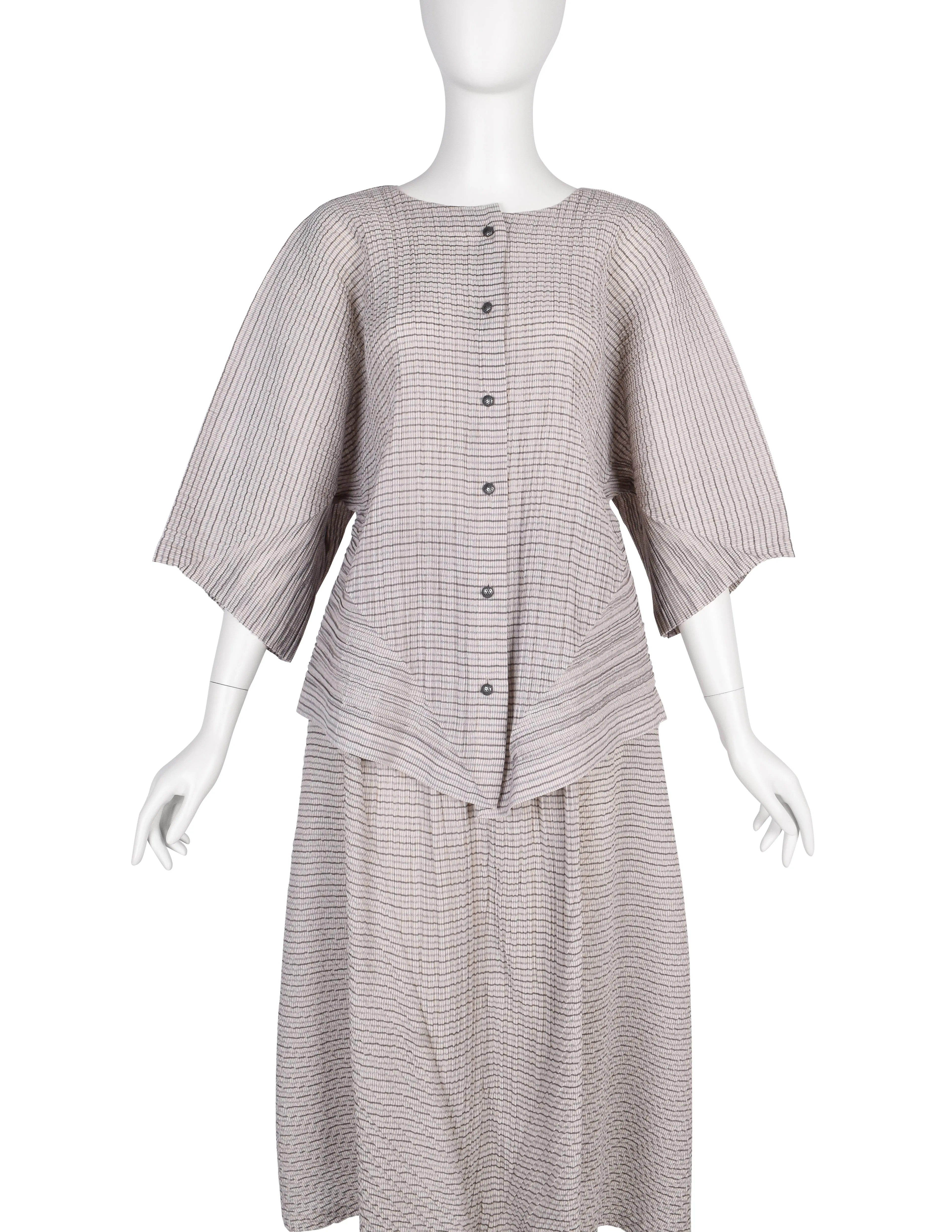 Issey Miyake Vintage SS 1988 Grey & Beige Striped Pleated Top and Skirt Ensemble Set