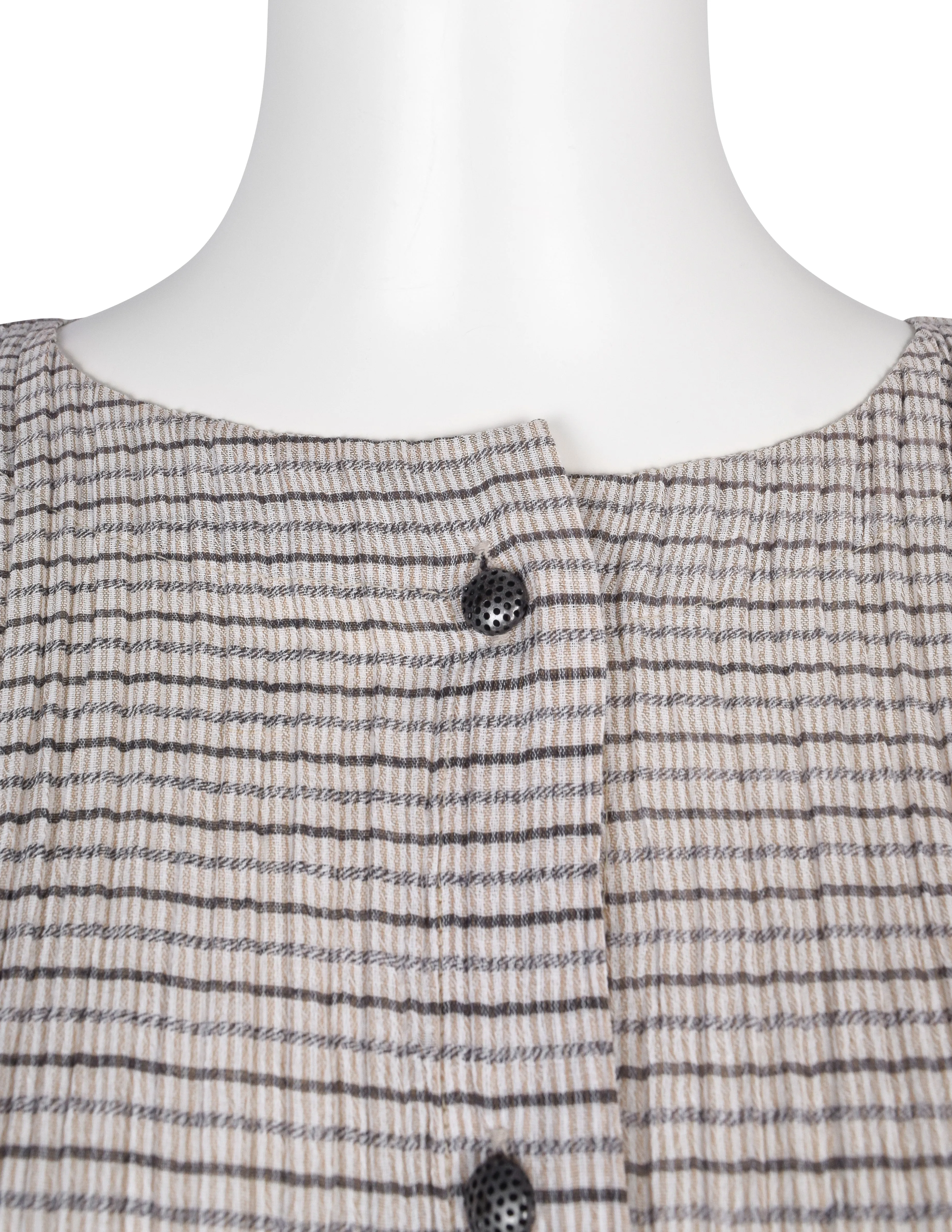 Issey Miyake Vintage SS 1988 Grey & Beige Striped Pleated Top and Skirt Ensemble Set