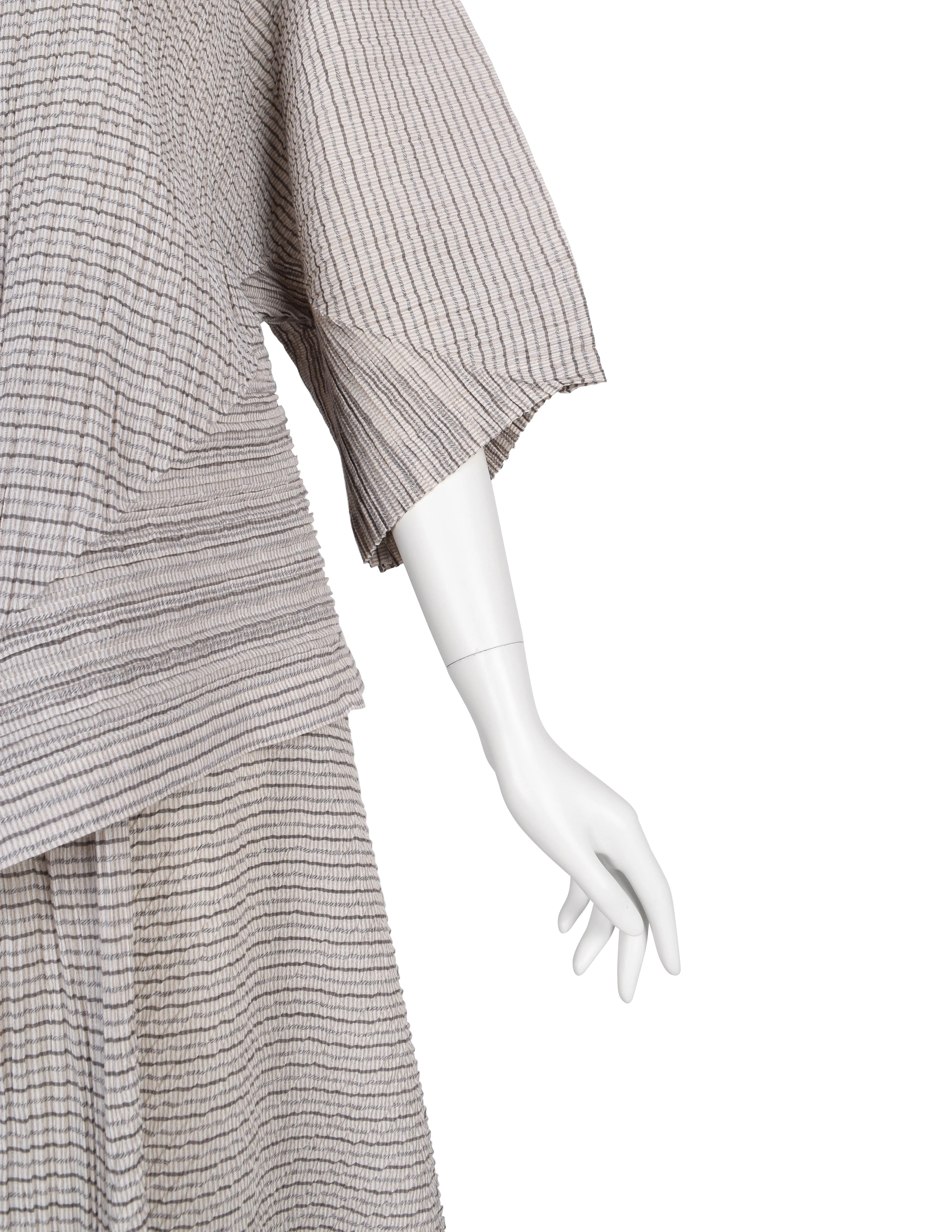 Issey Miyake Vintage SS 1988 Grey & Beige Striped Pleated Top and Skirt Ensemble Set