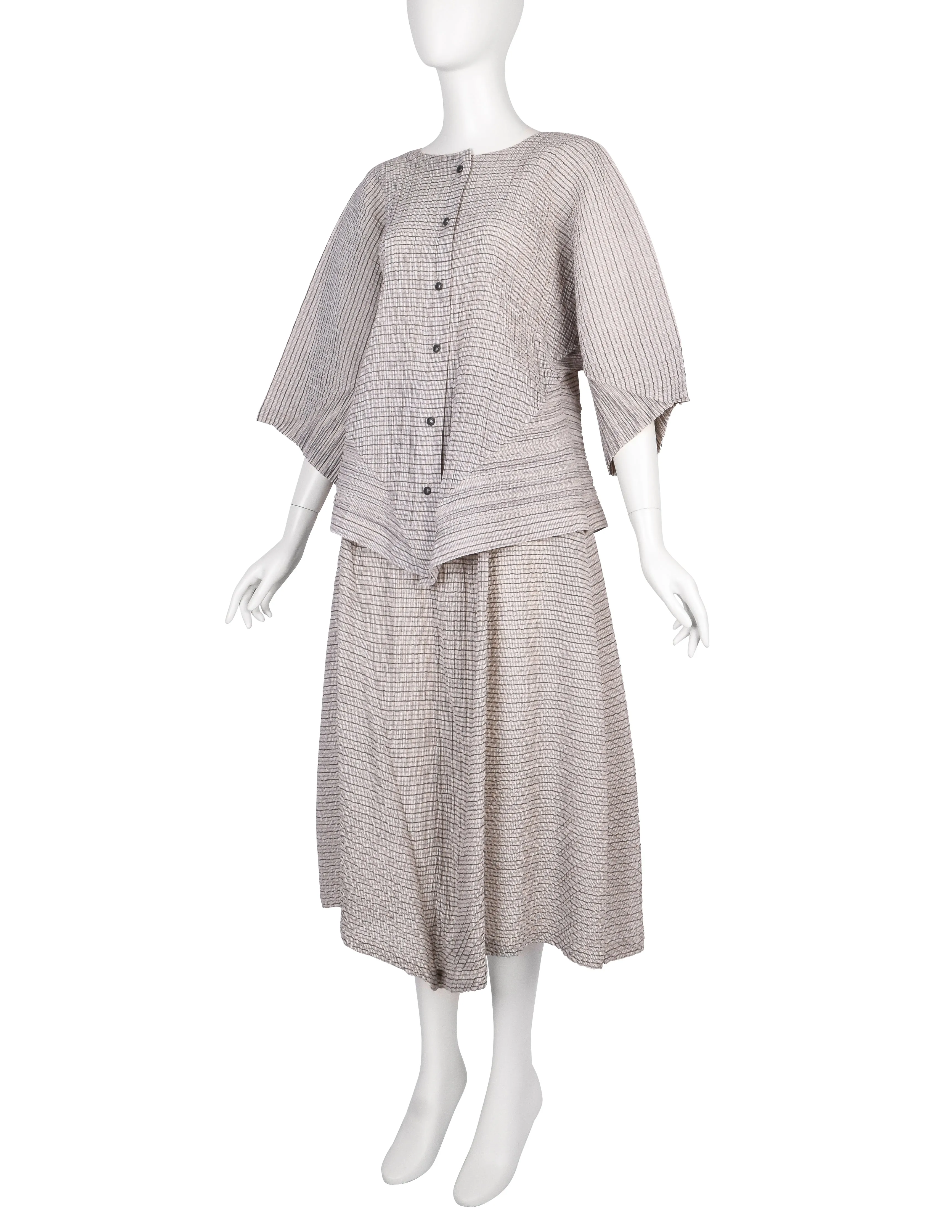 Issey Miyake Vintage SS 1988 Grey & Beige Striped Pleated Top and Skirt Ensemble Set