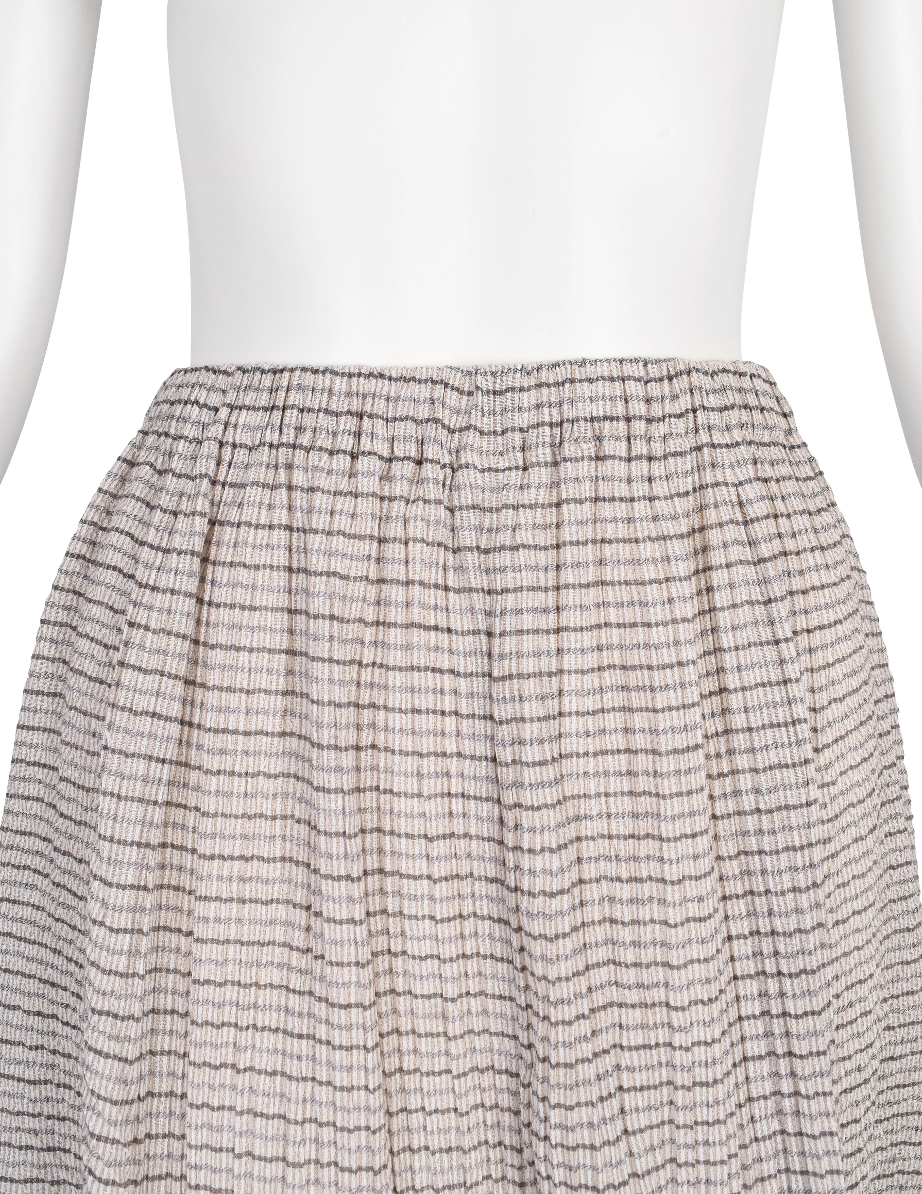 Issey Miyake Vintage SS 1988 Grey & Beige Striped Pleated Top and Skirt Ensemble Set