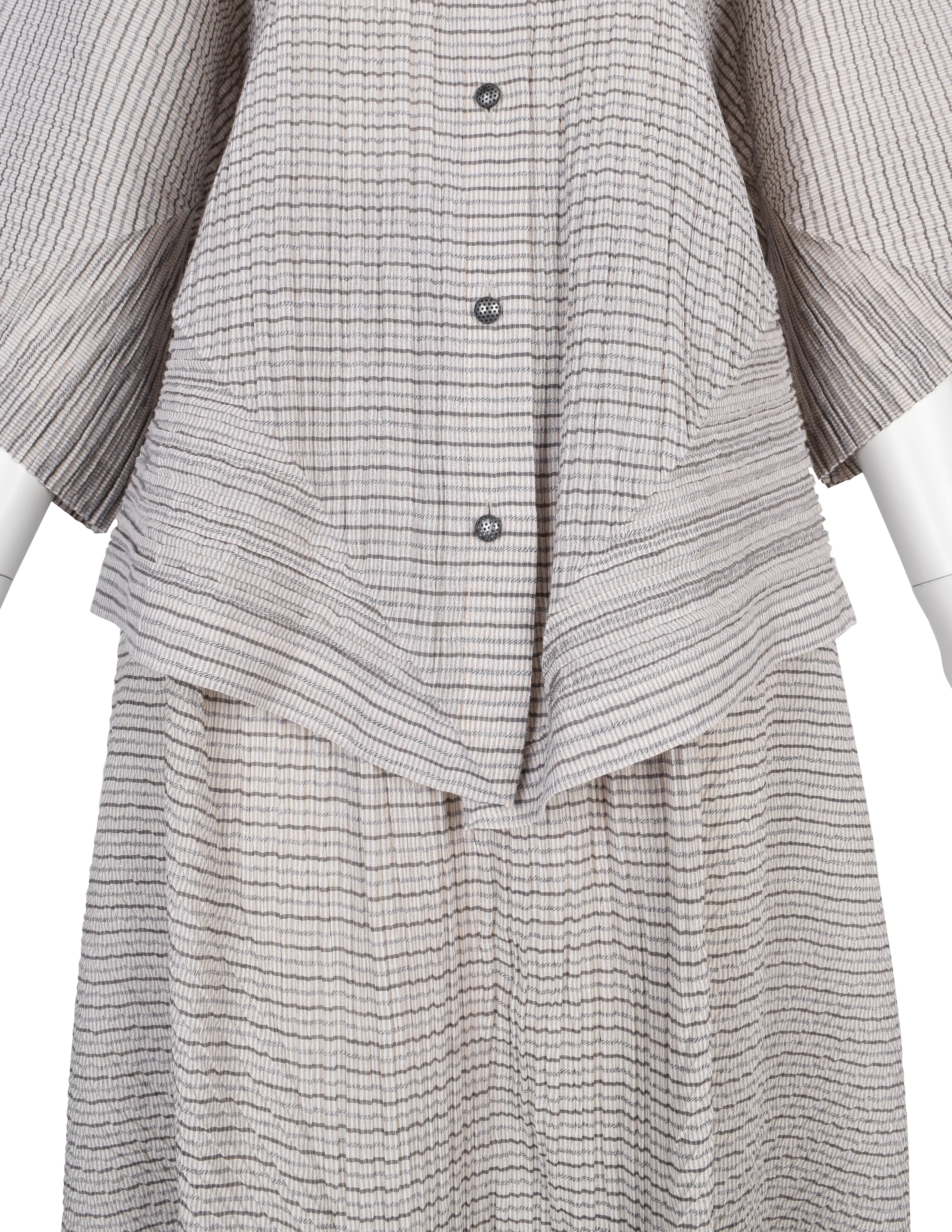 Issey Miyake Vintage SS 1988 Grey & Beige Striped Pleated Top and Skirt Ensemble Set