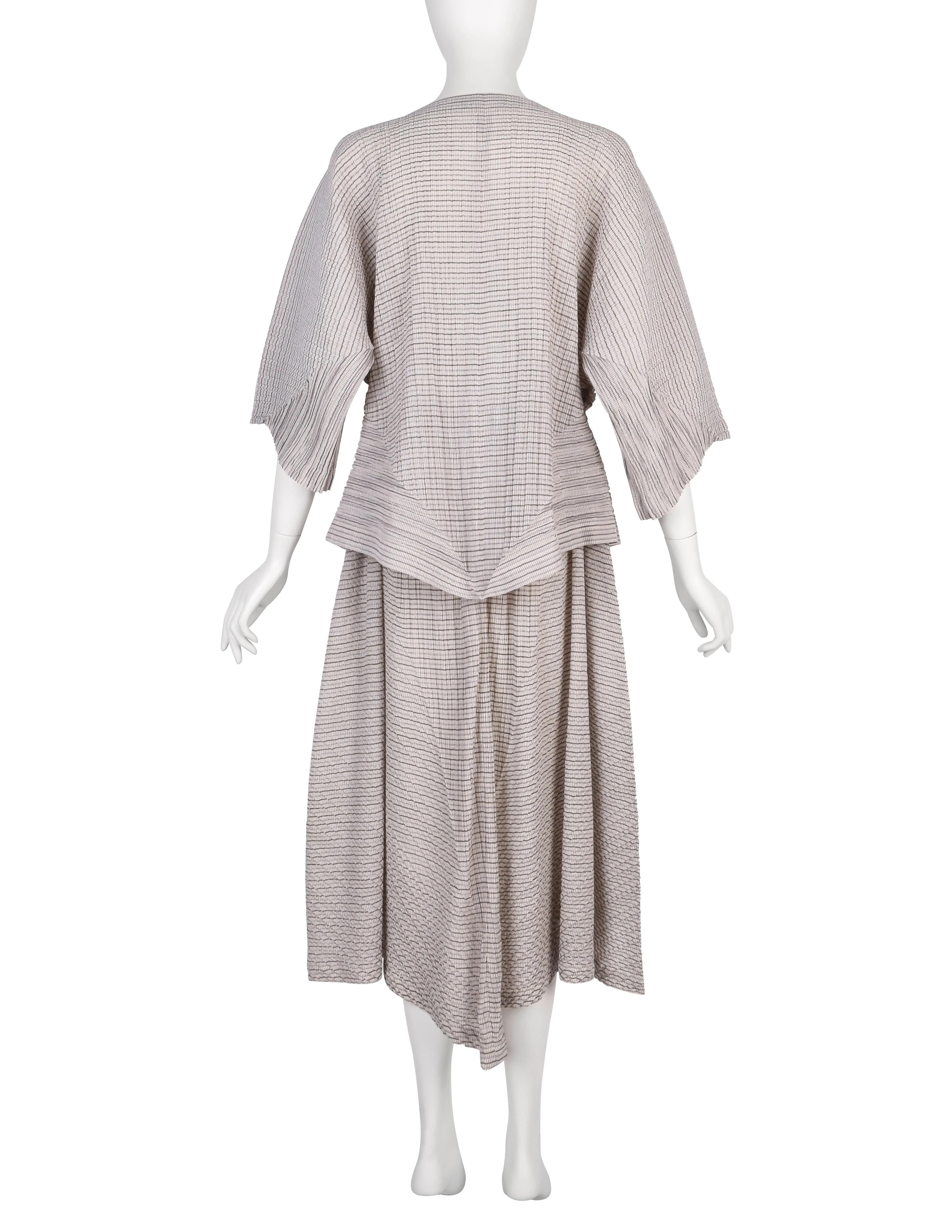 Issey Miyake Vintage SS 1988 Grey & Beige Striped Pleated Top and Skirt Ensemble Set