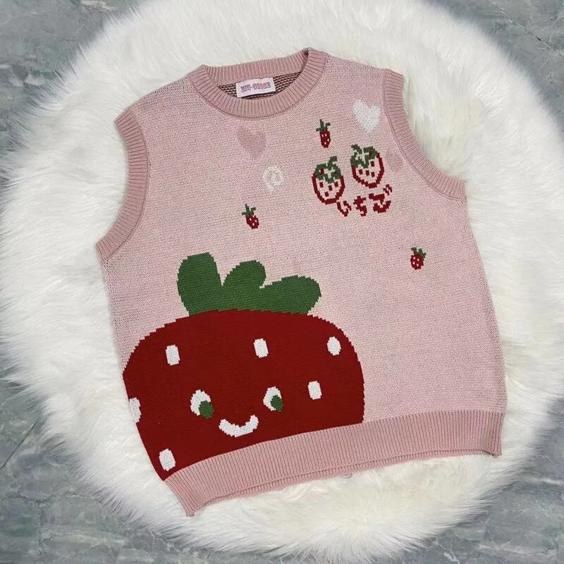 Joskaa Thanksgiving Gift Japanese Kawaii Pink Lolita Style Women Vest Autumn Winter Sleeveless Sweater Lovely Cartoon Warm Knitted Vest Cute Student Tops