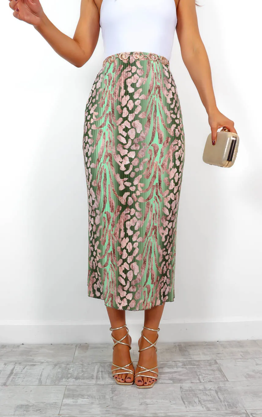 Keep It Pleat - Olive Beige Leopard Pleated Midi Skirt