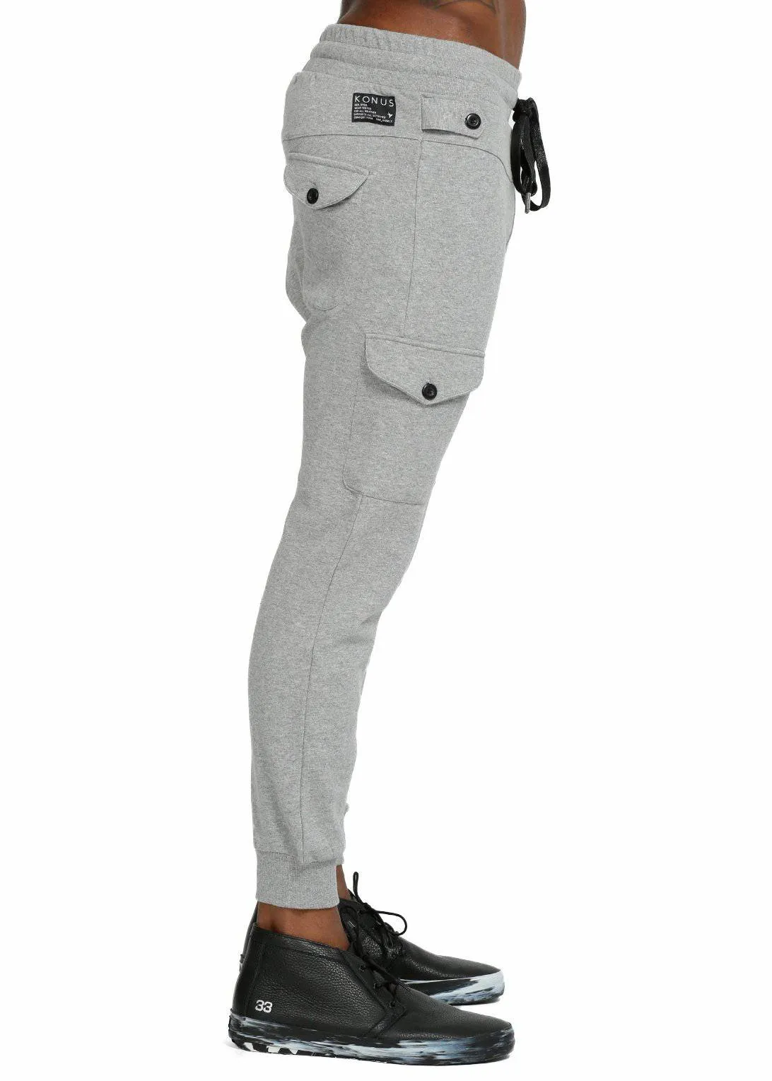 Konus Men's Drop Crotch Cargo Pockets Sweatpants in Gray