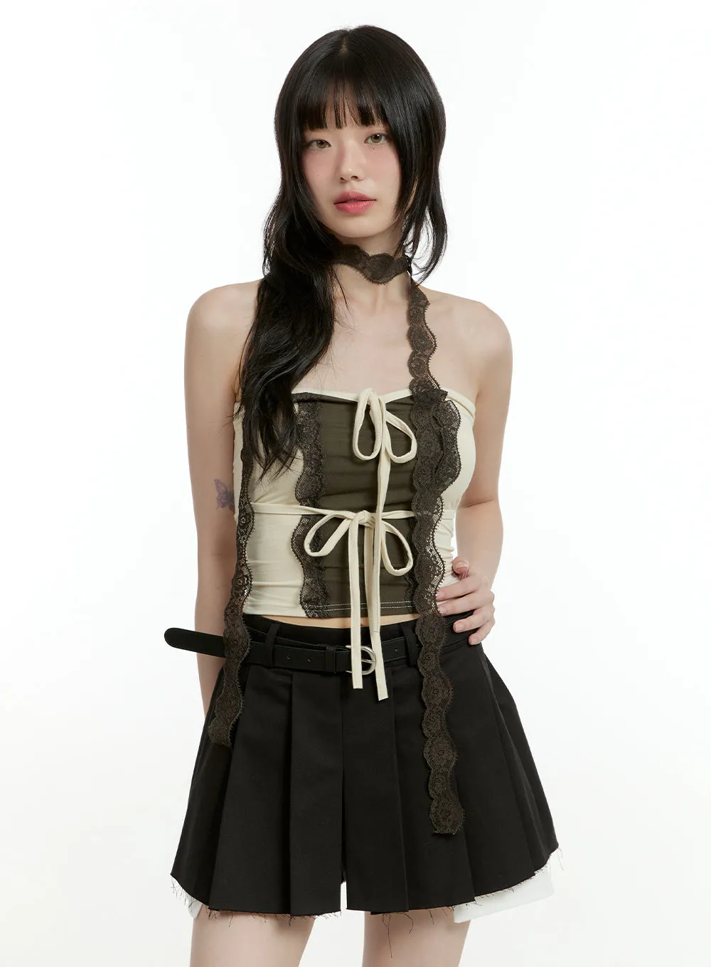 Lace Ribbon Strap Crop Top with Scarf CL426