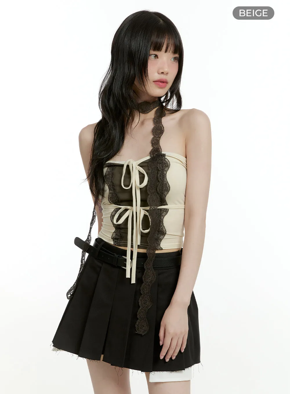 Lace Ribbon Strap Crop Top with Scarf CL426