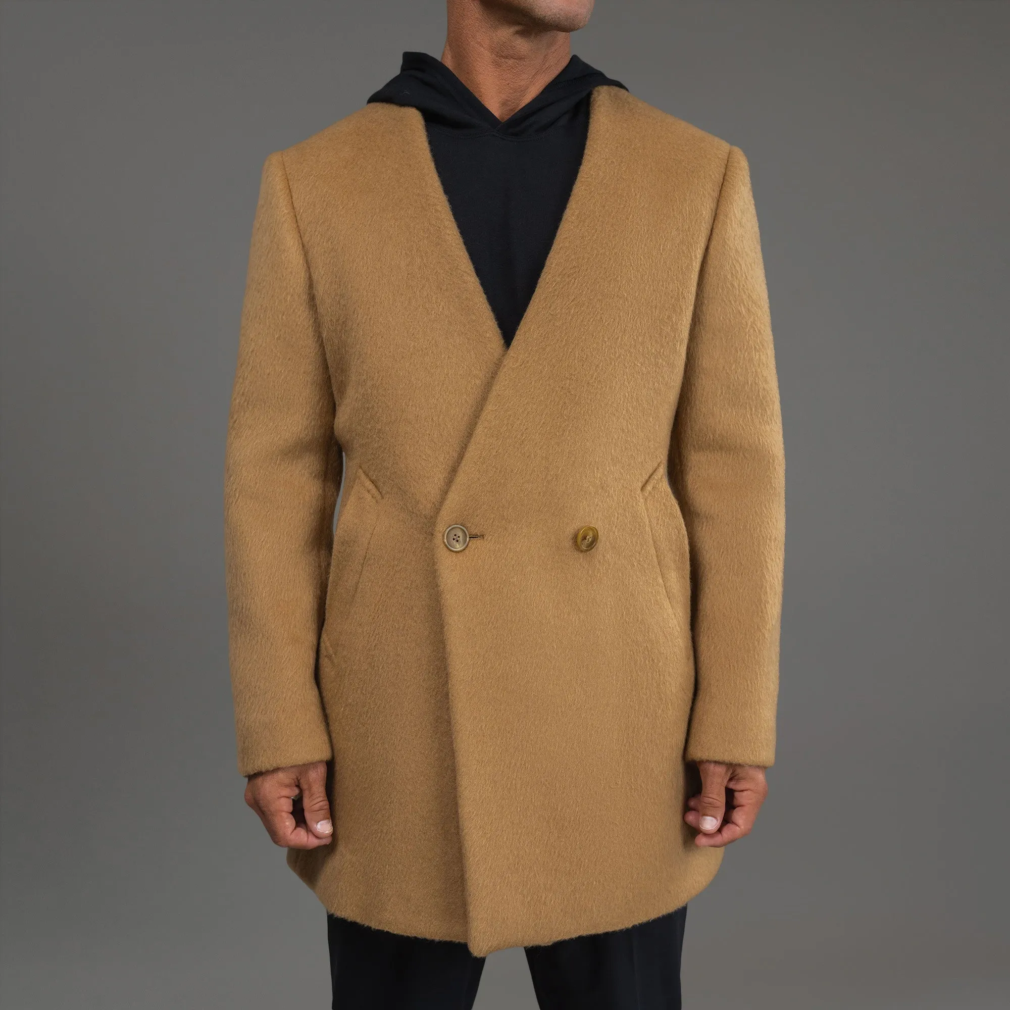 Lapelless Wool Silk Overcoat