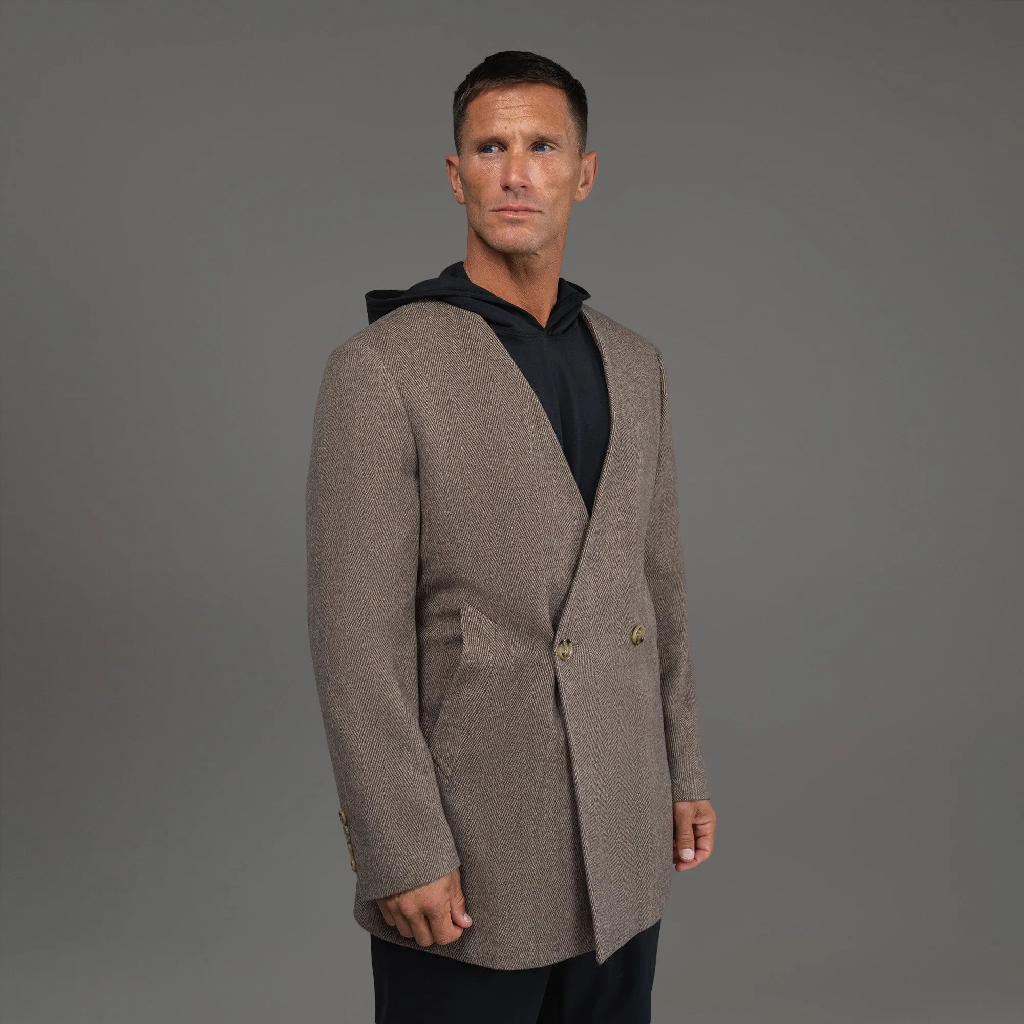 Lapelless Wool Silk Overcoat