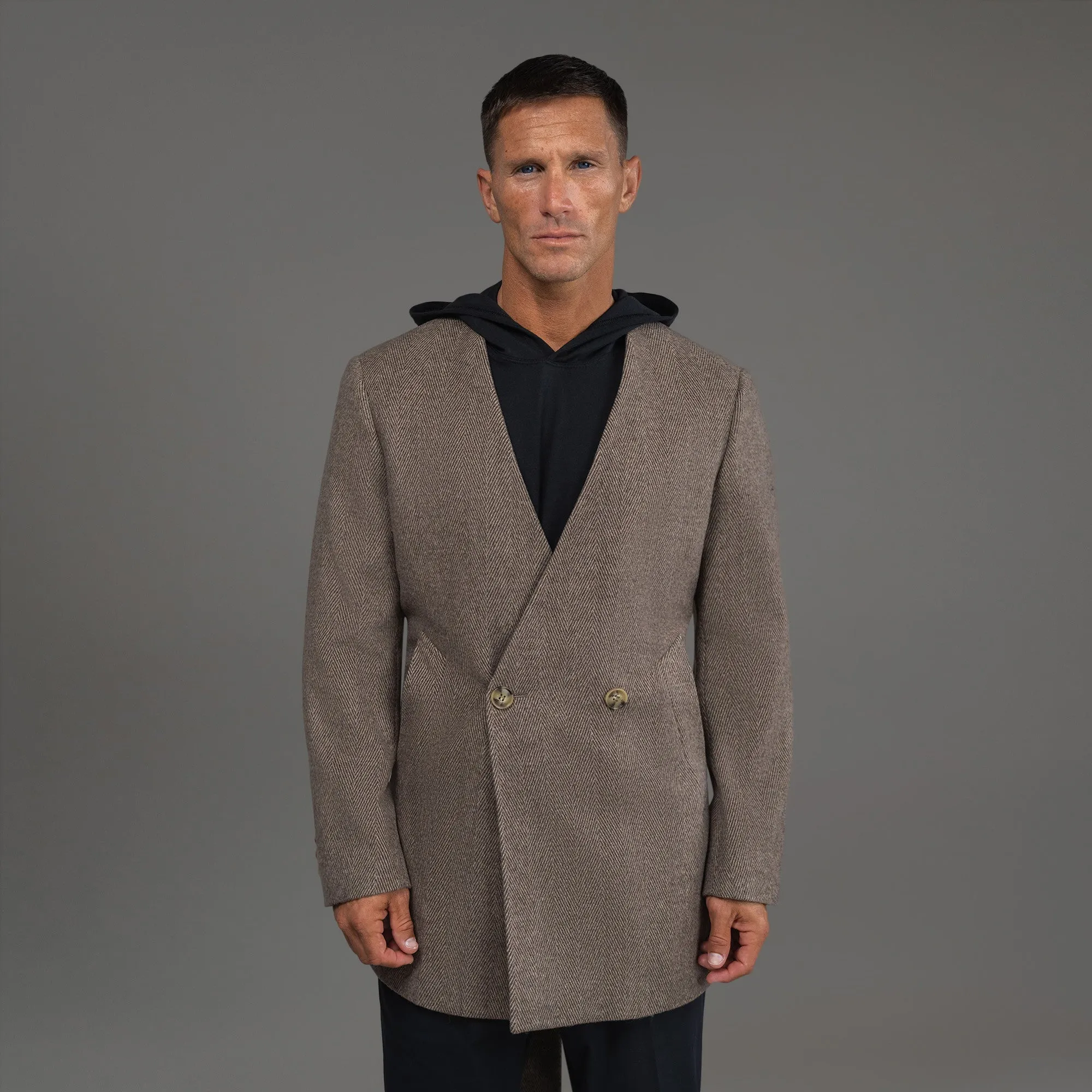 Lapelless Wool Silk Overcoat