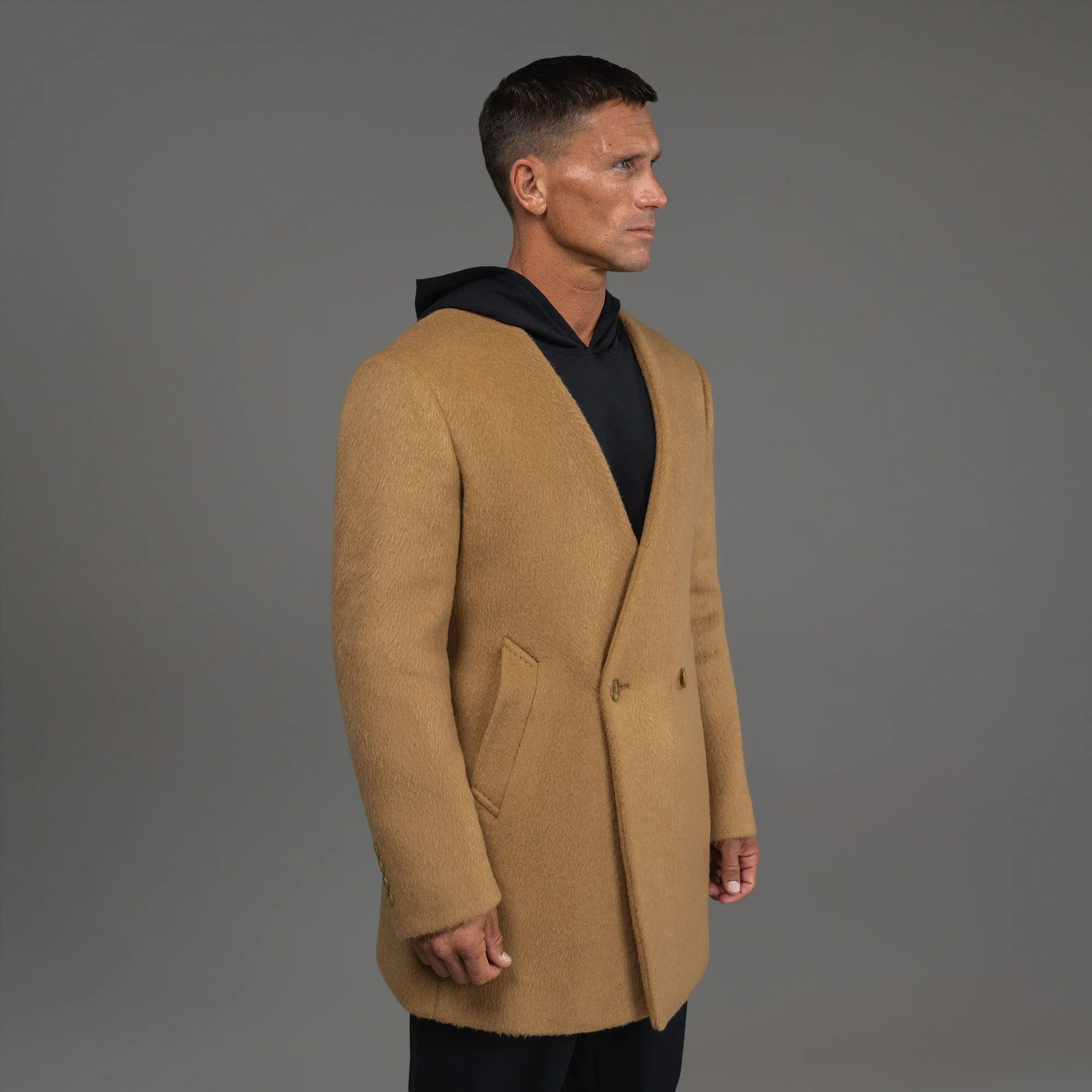 Lapelless Wool Silk Overcoat