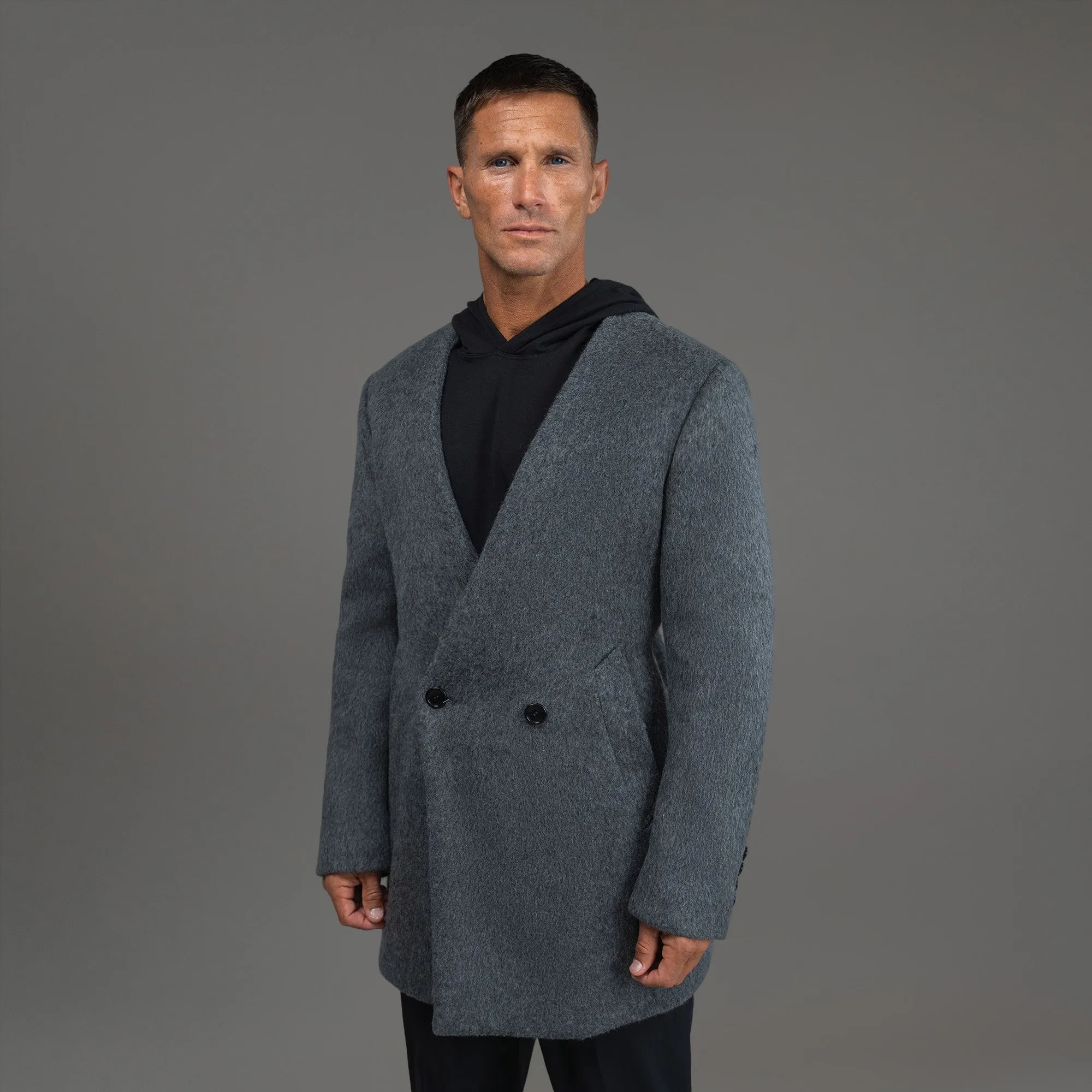 Lapelless Wool Silk Overcoat