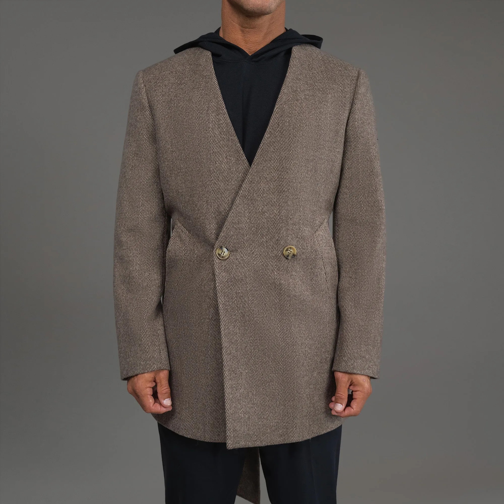 Lapelless Wool Silk Overcoat