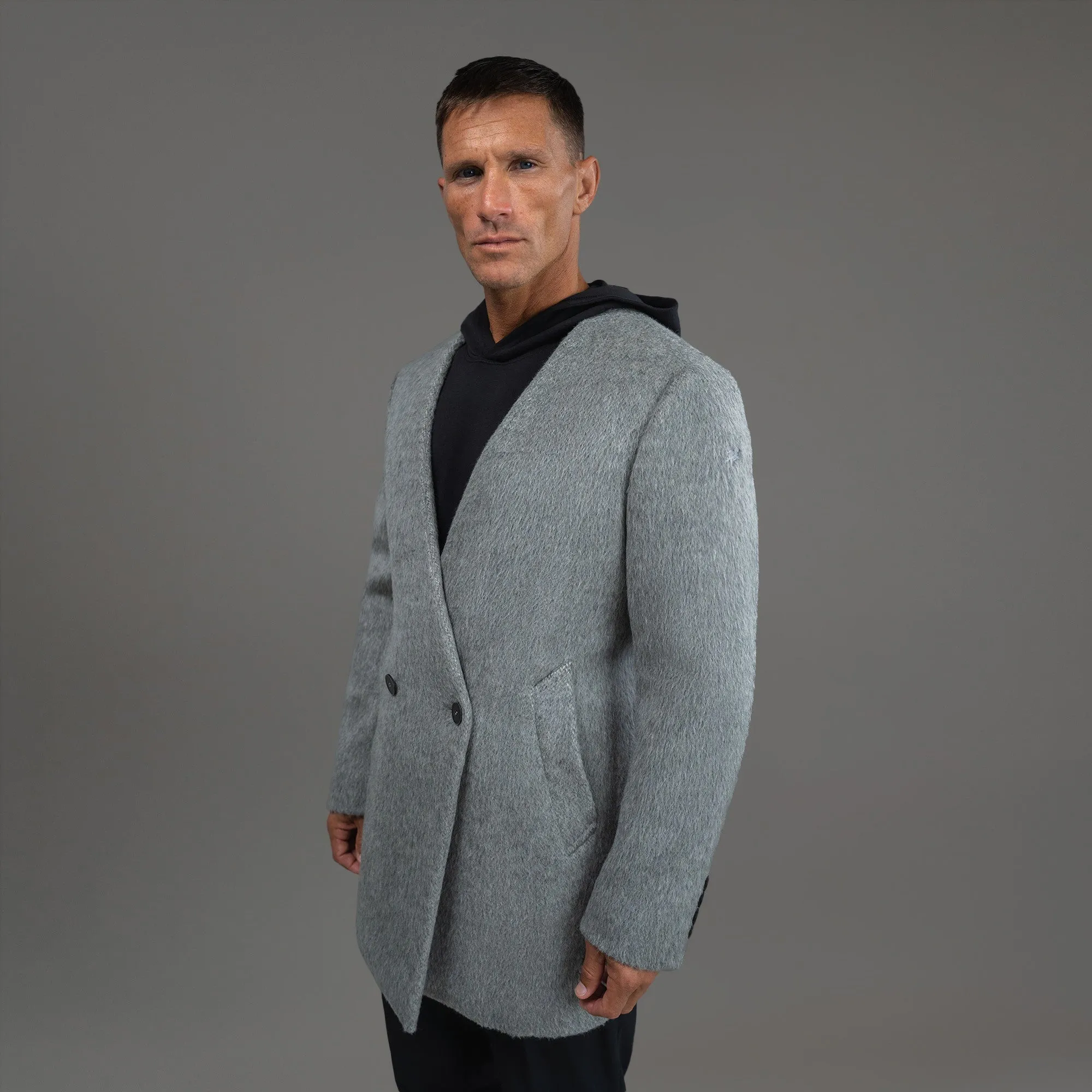 Lapelless Wool Silk Overcoat