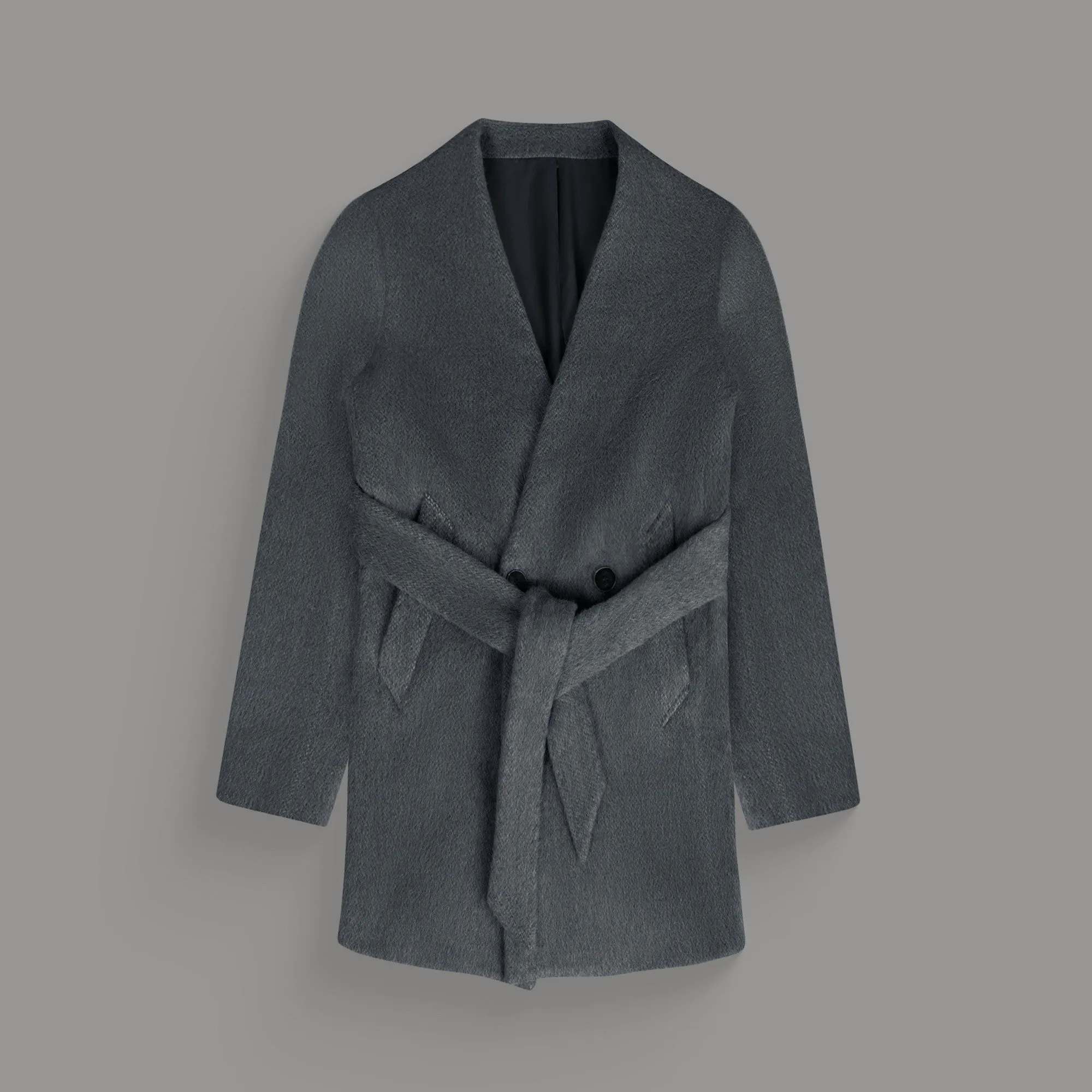 Lapelless Wool Silk Overcoat