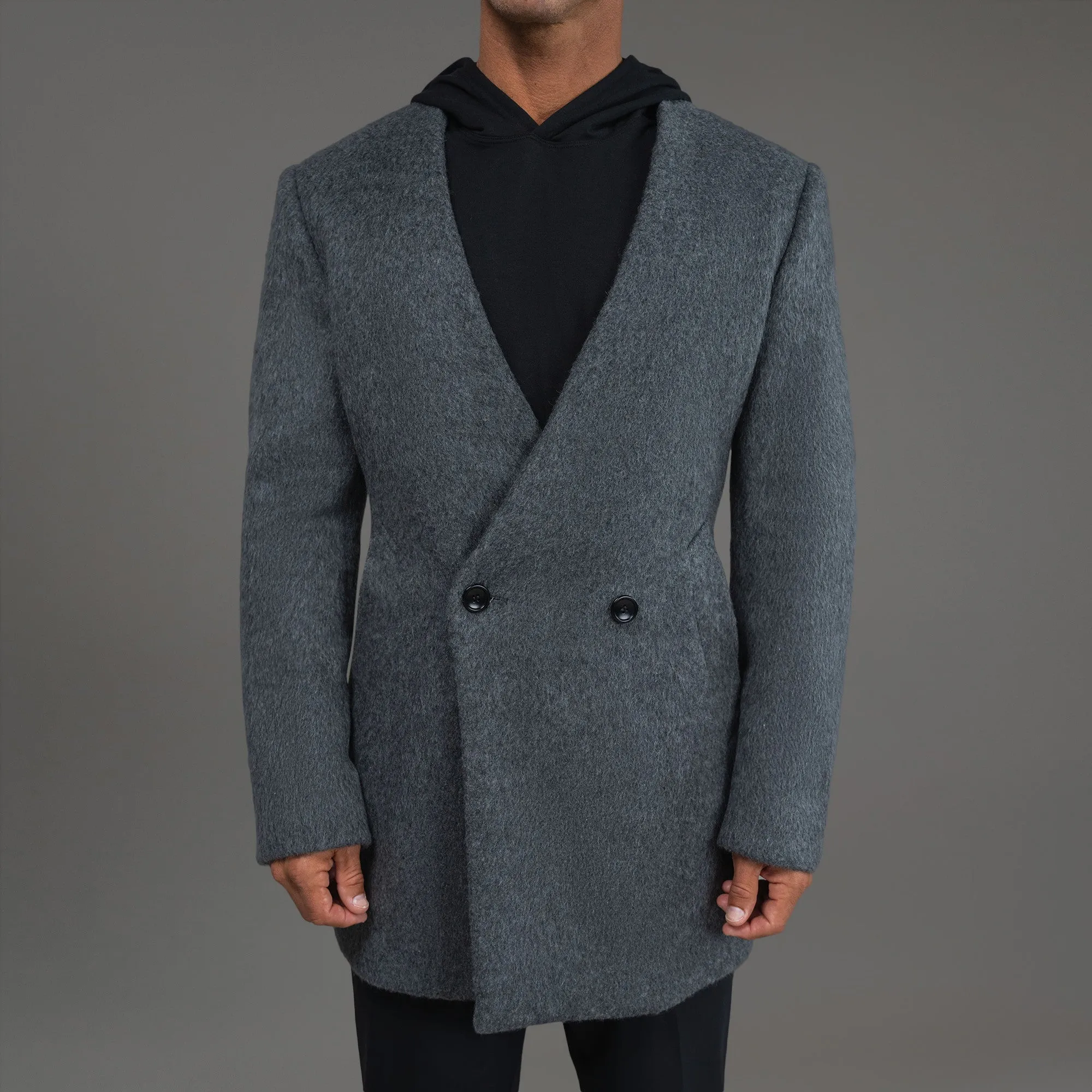 Lapelless Wool Silk Overcoat