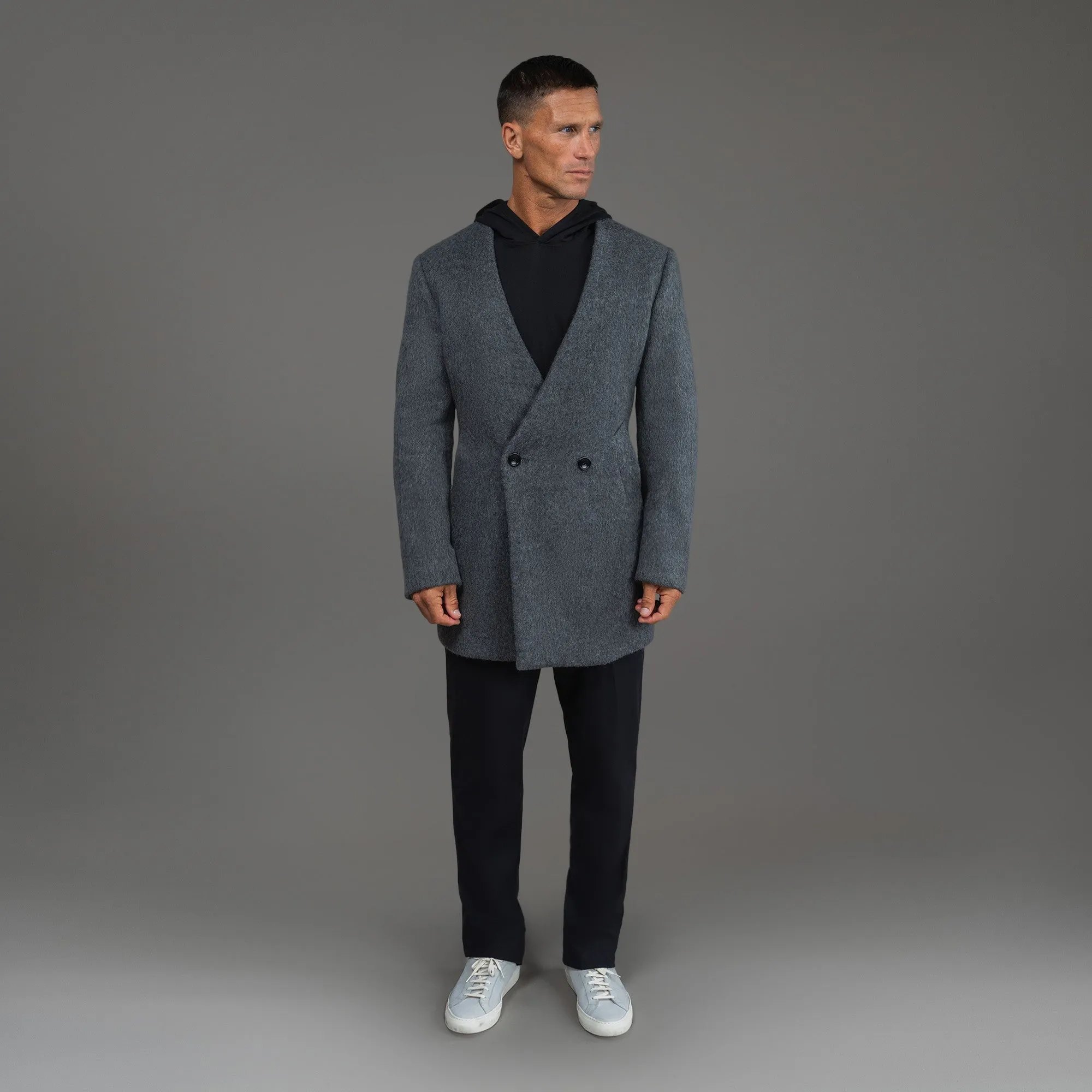 Lapelless Wool Silk Overcoat