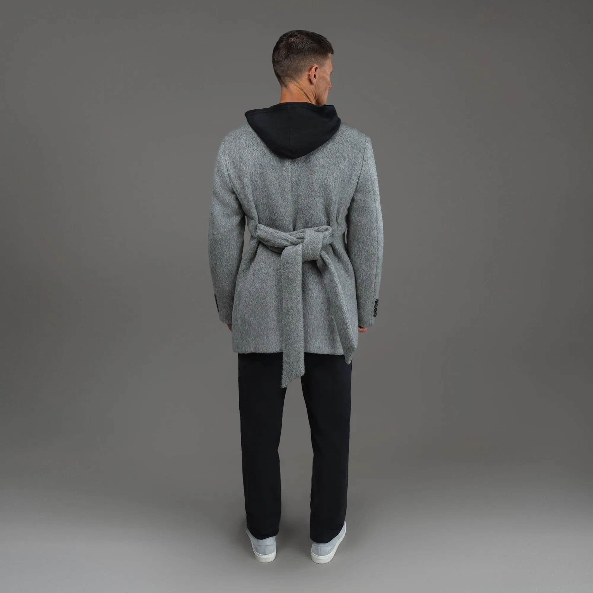 Lapelless Wool Silk Overcoat