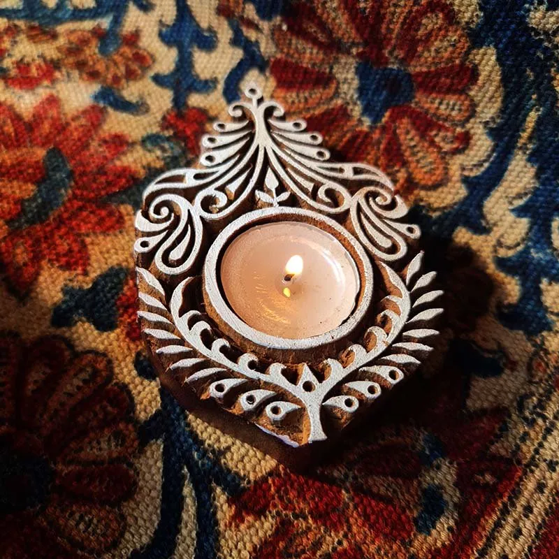 Leaf Shaped Hand Engraved Wood Block Tealight Holder