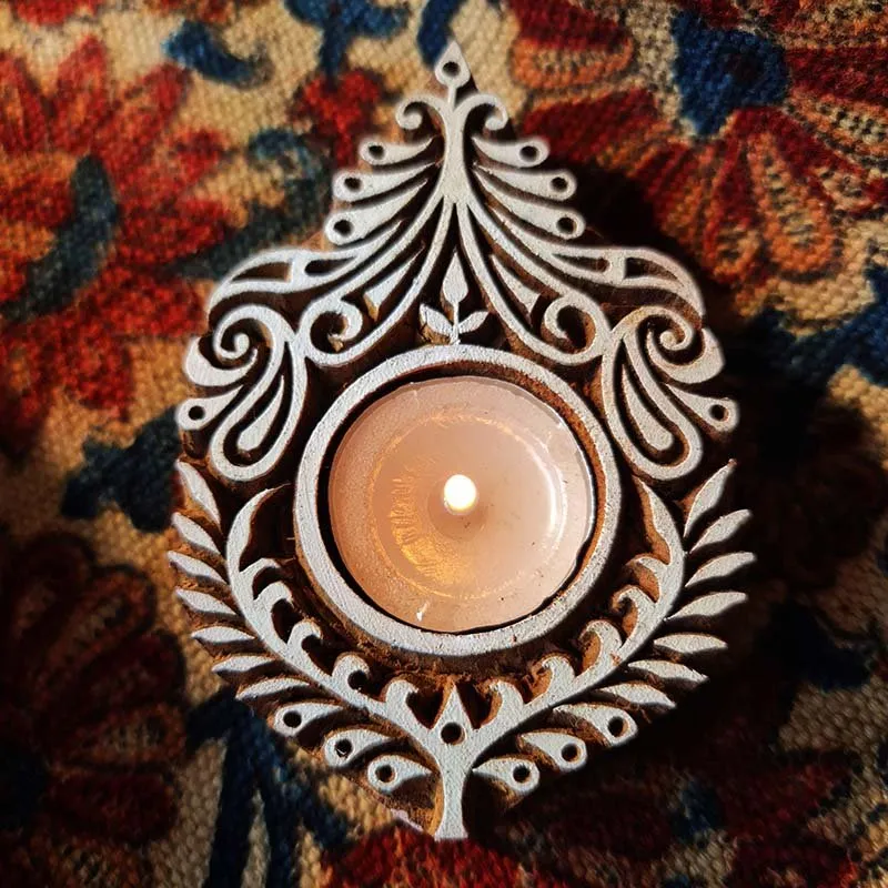 Leaf Shaped Hand Engraved Wood Block Tealight Holder