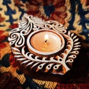 Leaf Shaped Hand Engraved Wood Block Tealight Holder