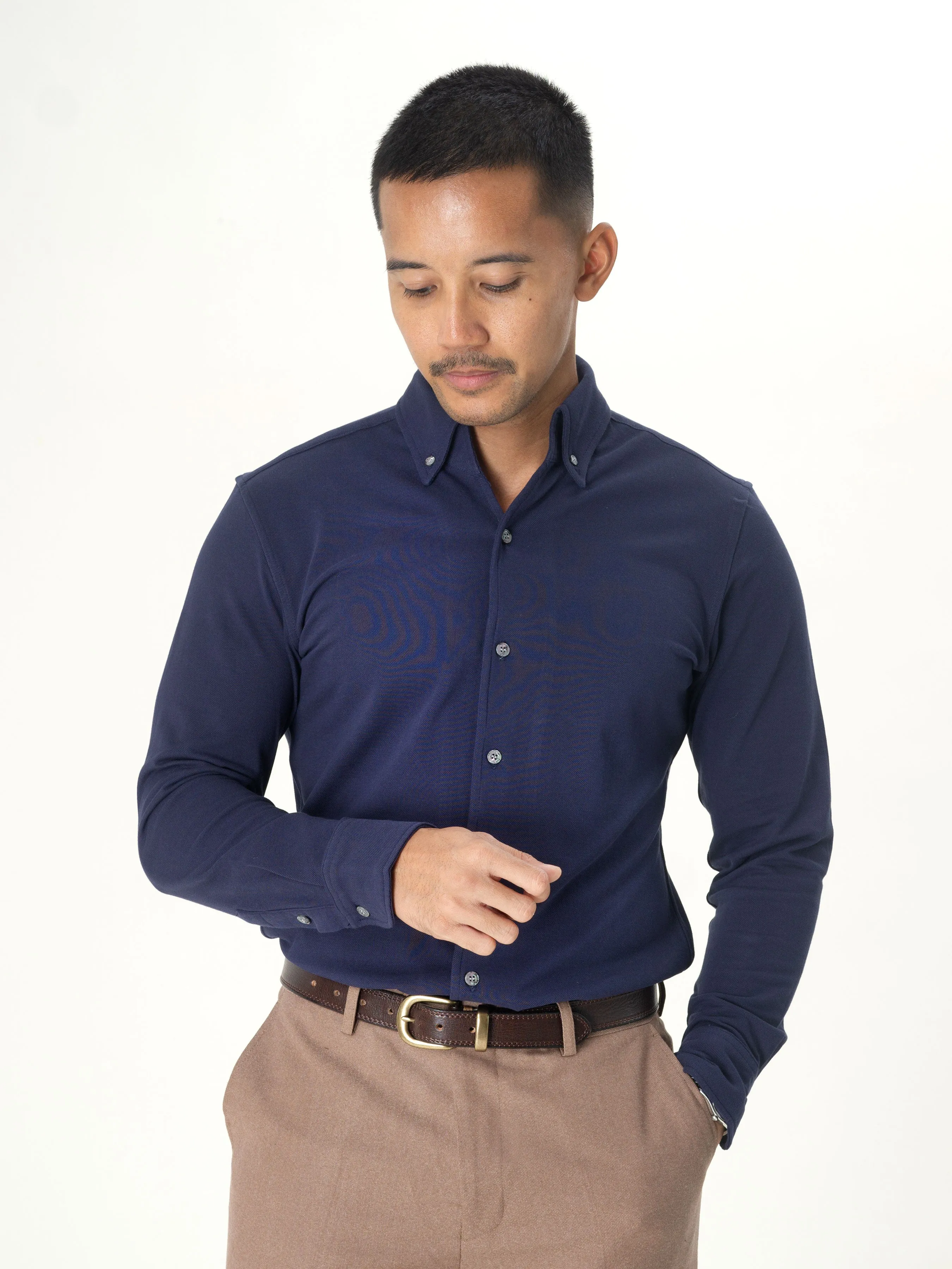 Long Sleeve Polo Shirt -  Navy Blue Button Down