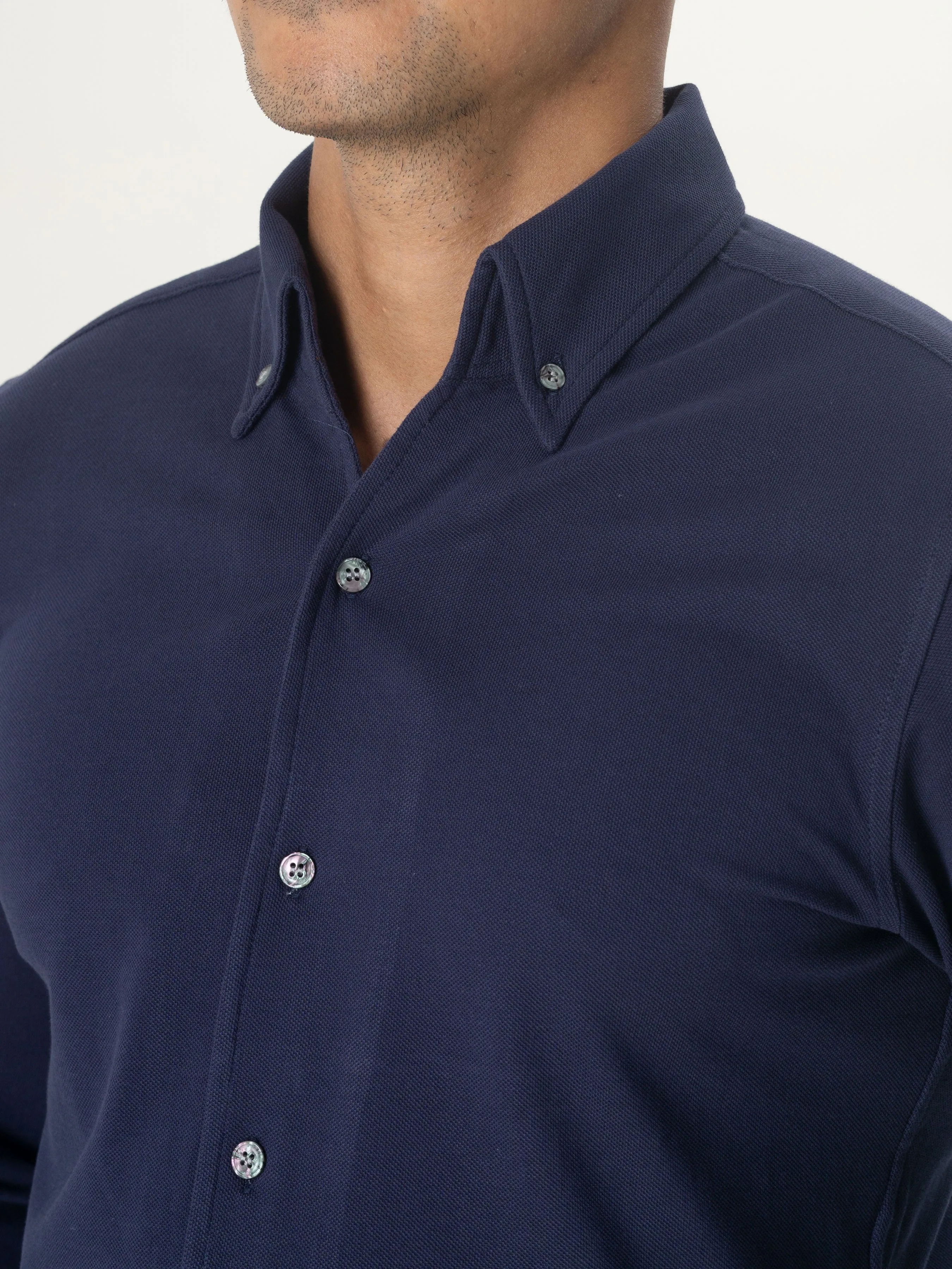 Long Sleeve Polo Shirt -  Navy Blue Button Down