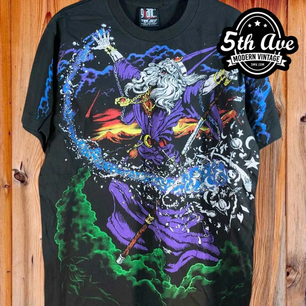 Magical Enchantment: Liquid Blue Wizard Single Stitch t shirt with GIANT Brand Tag