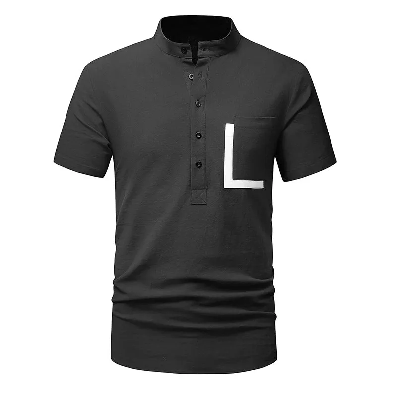 Men Turtleneck Buttons Pockets Short Sleeves T-Shirt