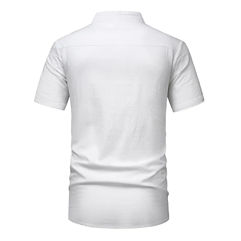 Men Turtleneck Buttons Pockets Short Sleeves T-Shirt