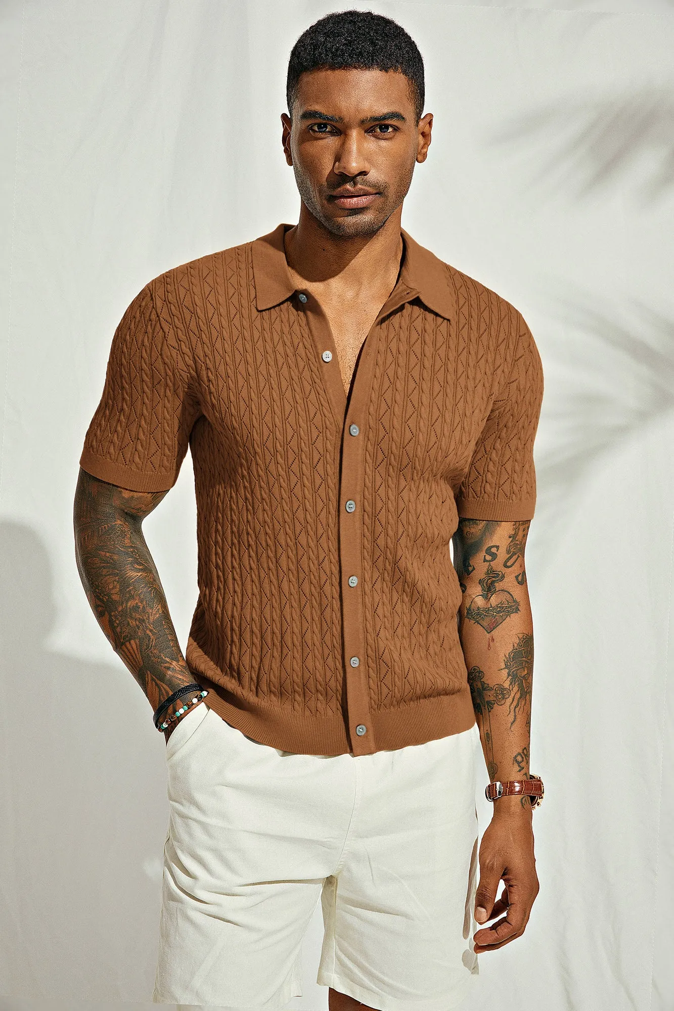 Men's Polo Short Cardigan Shirt Hollowed-Out Textured Casual Knitted Golf Shirt