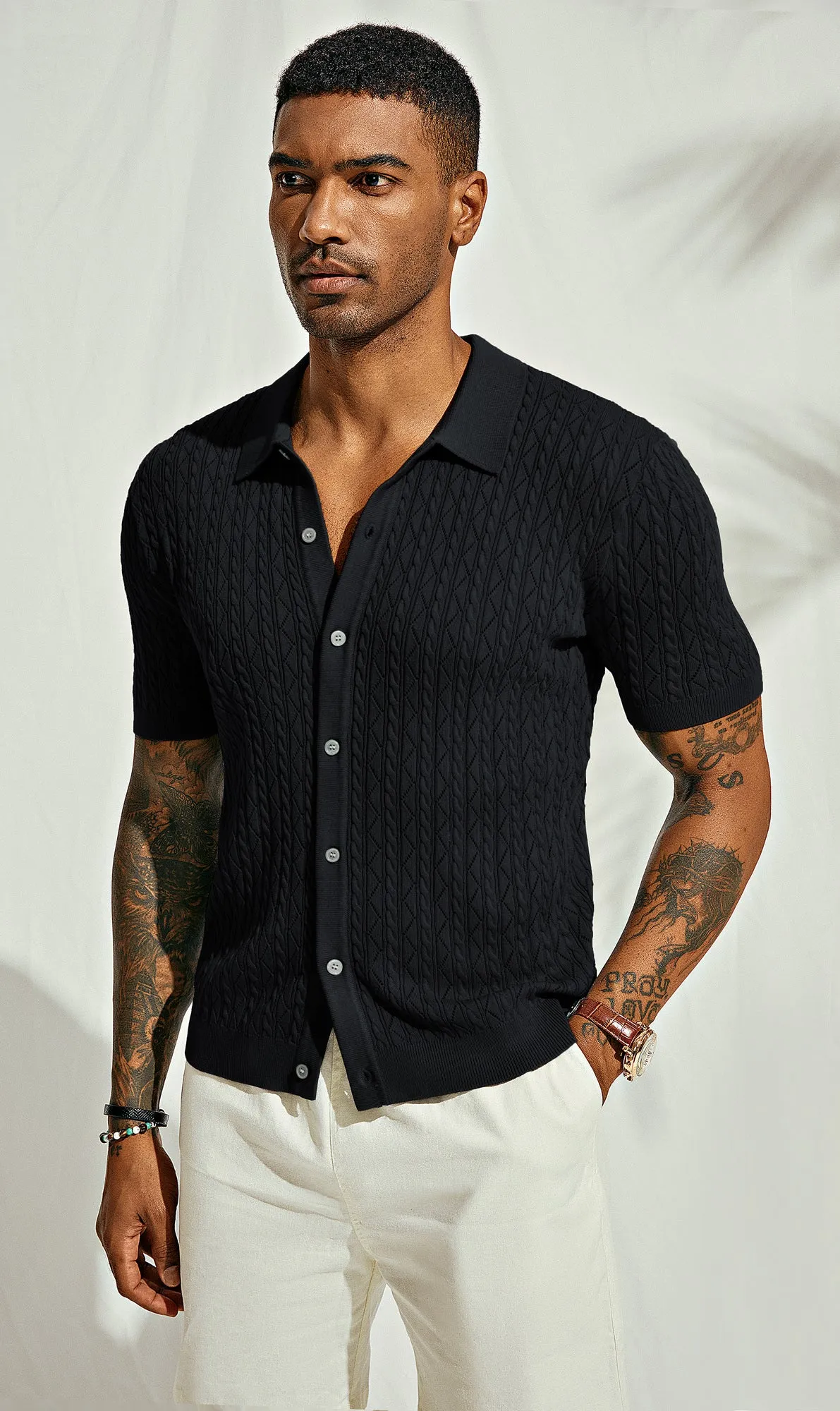 Men's Polo Short Cardigan Shirt Hollowed-Out Textured Casual Knitted Golf Shirt