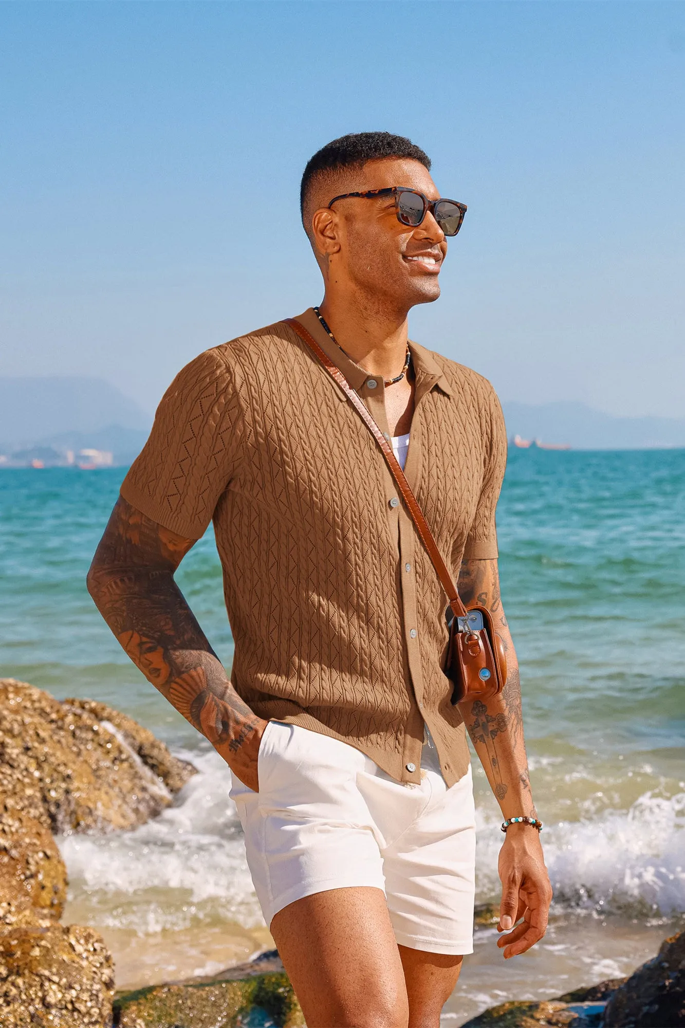 Men's Polo Short Cardigan Shirt Hollowed-Out Textured Casual Knitted Golf Shirt