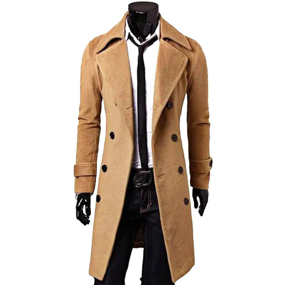 Men's Solid Long Woolen Coat Casual Business Jacket Outwear