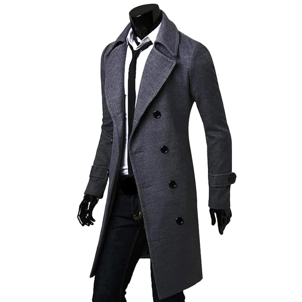 Men's Solid Long Woolen Coat Casual Business Jacket Outwear