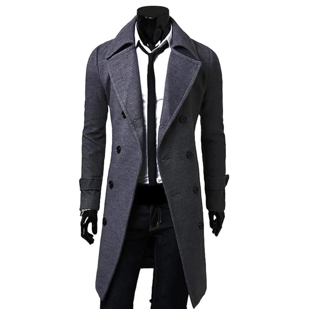 Men's Solid Long Woolen Coat Casual Business Jacket Outwear