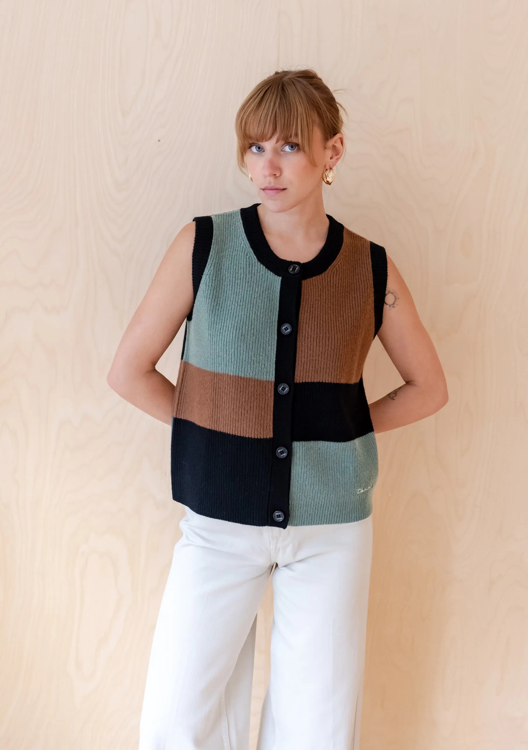 Merino Wool Vest in Green Block