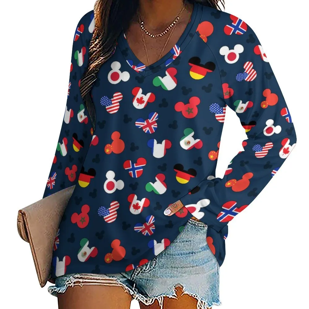 Mickey Flags Long Sleeve Loose V-Neck Tee